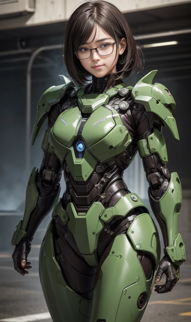 rough skin, Super detailed, advanced details, high quality, 最high quality, High resolution, 1080P, hard disk, beautiful,(War Machine),beautifulサイボーグの女性,Dark Green Mecha Cyborg Girl,In combat,Mecha body girl,、elementary school girl　　very short hair、sweaty brown eyes、sweaty face、An embarrassed smile on the face　　cute　black hair　((Steam comes out of my head)) Glasses　Gloss Armor　sew up hair　long hair