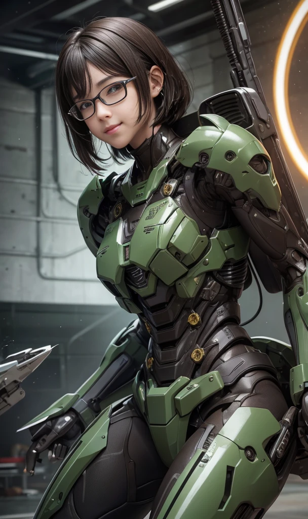 rough skin, Super detailed, advanced details, high quality, 最high quality, High resolution, 1080P, hard disk, beautiful,(War Machine),beautifulサイボーグの女性,Dark Green Mecha Cyborg Girl,In combat,Mecha body girl,、elementary school girl　　very short hair、sweaty brown eyes、sweaty face、An embarrassed smile on the face　　cute　black hair　((Steam comes out of my head)) Glasses　Gloss Armor　sew up hair　long hair