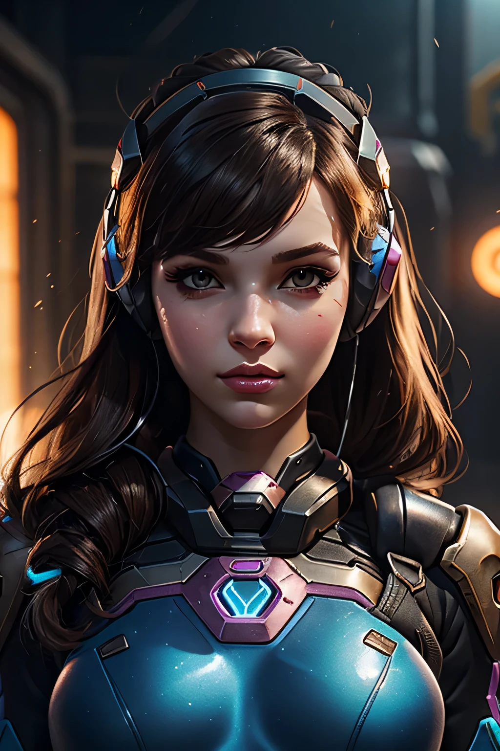 1girl, D.va , overwatch, outside of mech, particles, reflective, glistening skin, studio, super detailed, HD, visible pores, perfect hair, very detailed hair, perfect