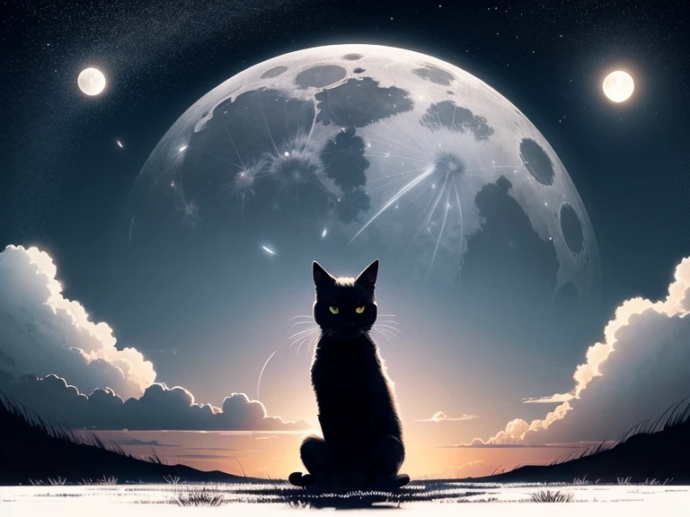 plains scenery、big full moon in the center、Silhouette of one small black cat sitting on the horizon and looking at the full moon、Dandelion fluff dances on both the left and right sides、Shooting with a wide-angle lens、