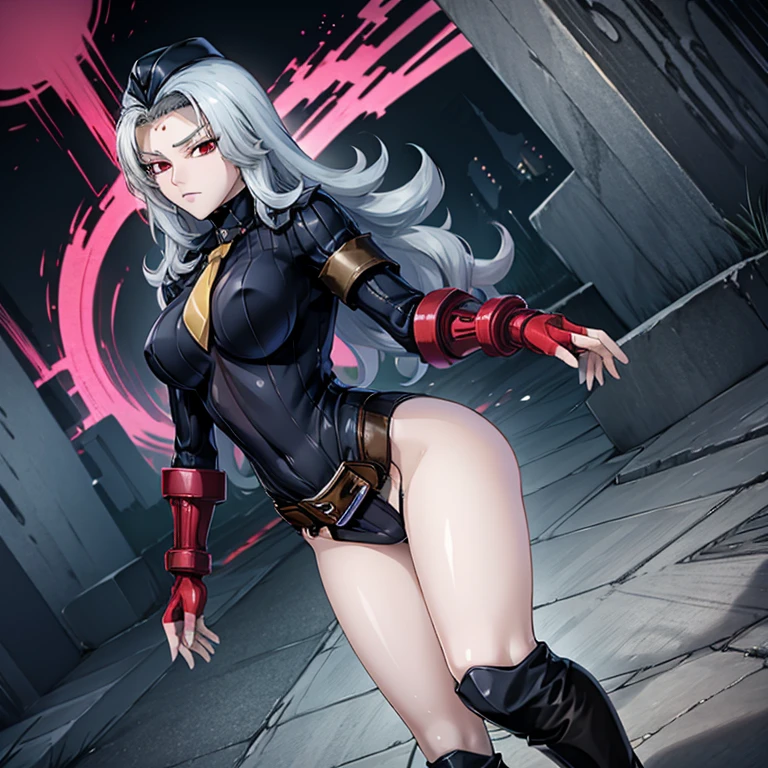 ultra-detailed, Explicit, Beautiful body, Beautiful Nose, Beautiful character design, perfect eyes, perfect face, ultra highres, 4K, beautiful legs, perfect legs, Nice hands, Perfect hand, Masterpiece, Best Quality, Highly detailed, illustration, absurdres, perfect anatomy, street fighter, doll suit, shadaloo doll, dollsuit, expressionless, blank eyes, looking at viewer, red gloves, emotionless, black latex, corrution, mind control, female combatant, full body, hypnotized, unhappy trance, full body suit, ribbed bodysuit, both arms at side, obey, perfect female body, extremely glossy latex, hypnosis, hypnoLora, empty eyes, Mind control device, poses, submissive_pose, Slave, hat, necktie, stand up straight, standing, standing at attention, hat, necktie, belt, latex, ribbed bodysuit, thighhighs, garter belt, Fighting Stance, extending the right arm from the shoulder into the air with a straightened hand, military, thigh boots, 1girl, Solo, Carla Cromwell, Carla the Blood Lord, long hair, white hair, red eyes