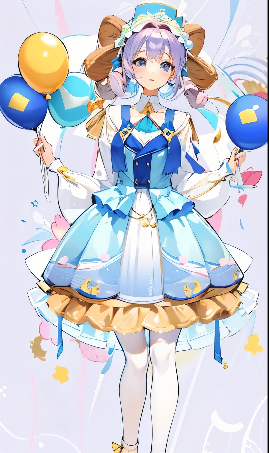 Close-up of a girl in a dress holding balloons, my dress up darling anime, celebration costume, !!full body portrait!!, clear outfit design, soda theme girl, magic dress, Outfits with blue accents, Sayori, Cute anime waifu wearing beautiful clothes,  wearing clothes, magical girl style, Moon themed clothing