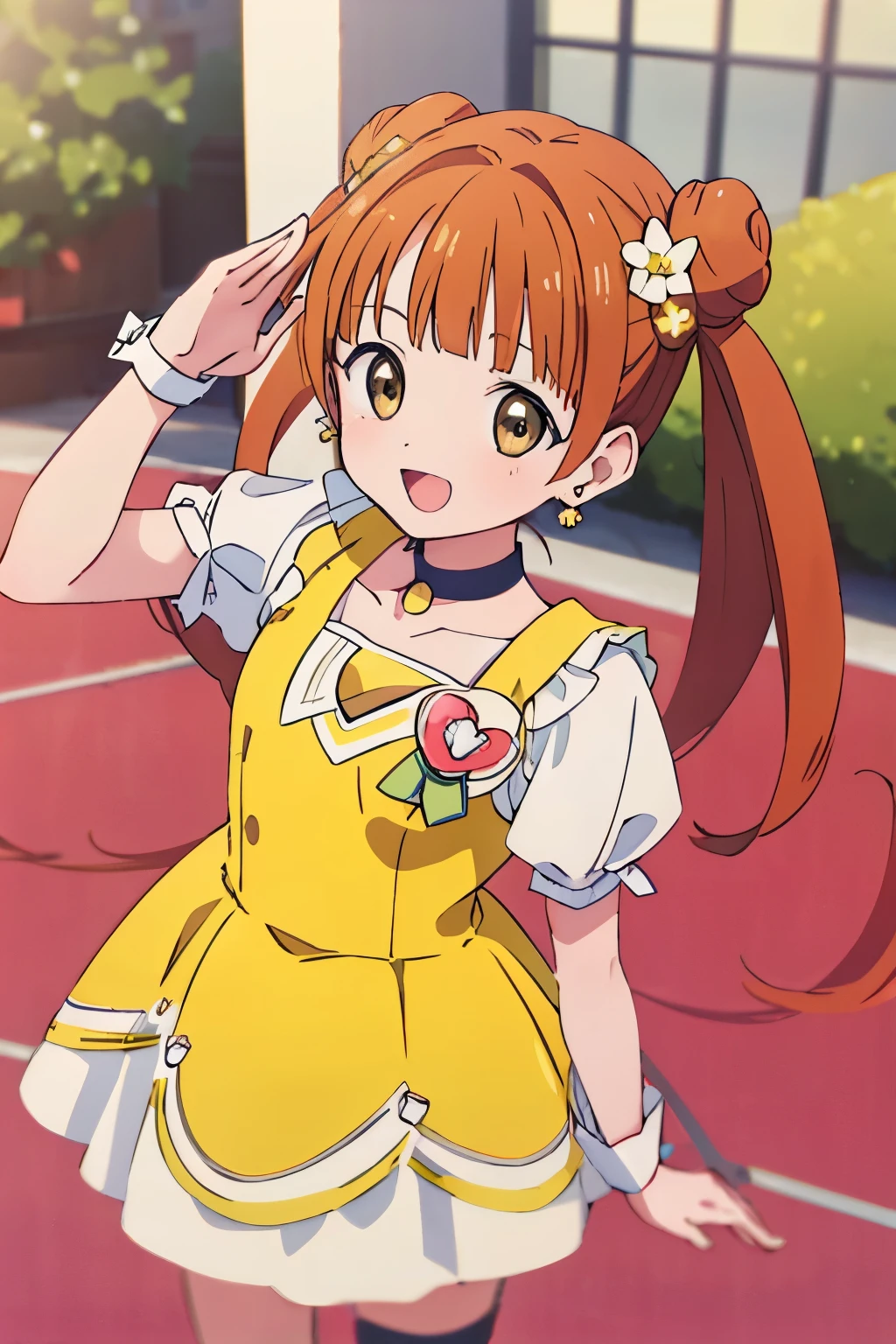 asterpiece, best quality, highres, ultra-detailed, AyumiTogeguchiR4, brown eyes, orange hair, long hair, twintails, double bun, hair ornament, hair flower, earrings, green choker, small breast, magical girl, heart brooch, dress, (yellow dress:1.2), yellow shorts, puffy short sleeves, white dress, wrist cuffs, waist bow, skirt, boots, knee boots, outdoors, standing, :d, salute,