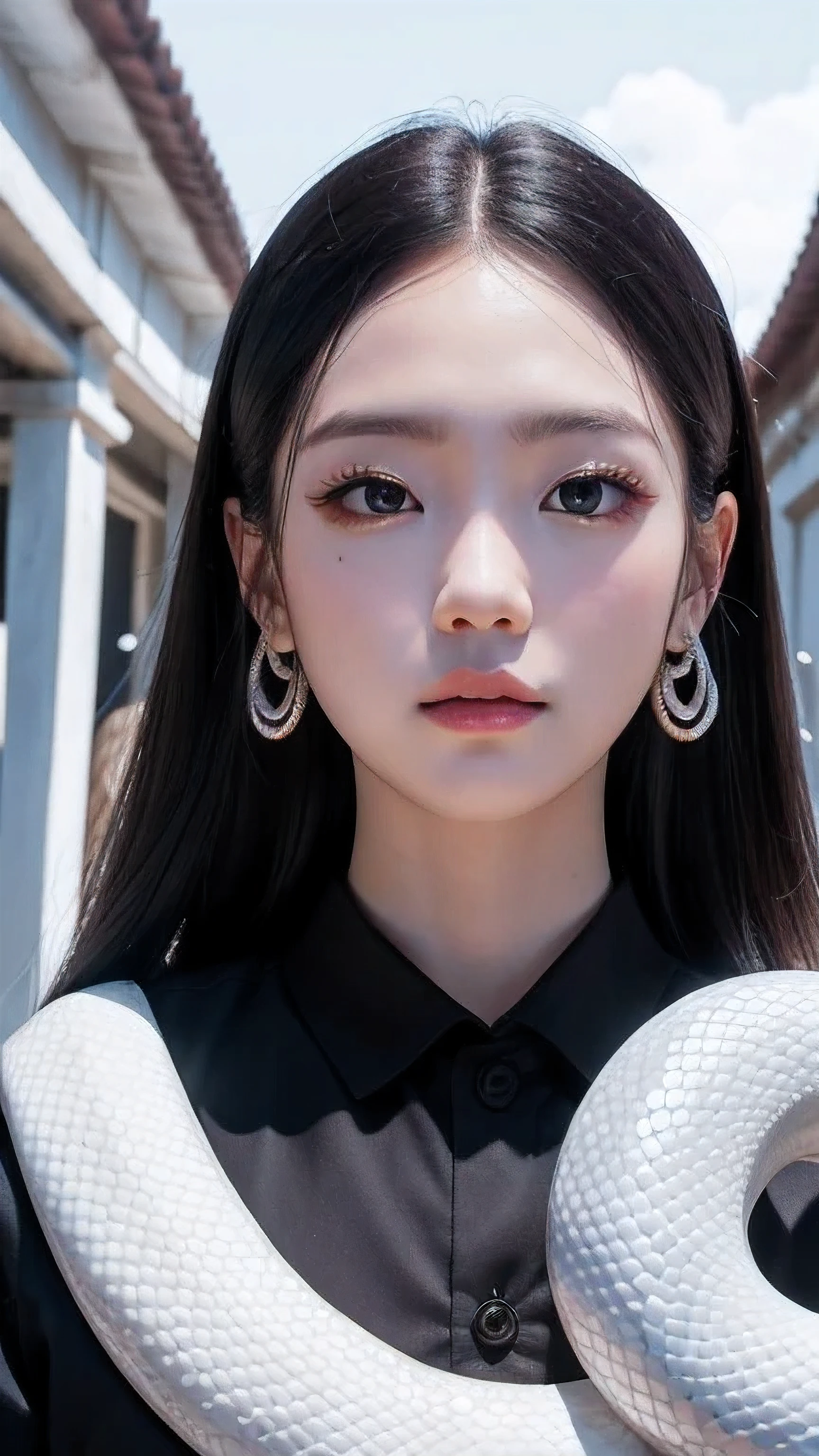 masterpiece, best quality, 8k, 4k, one white snake, black eyes, temple, front view, front face, head shot, one head, 真っ白な蛇,