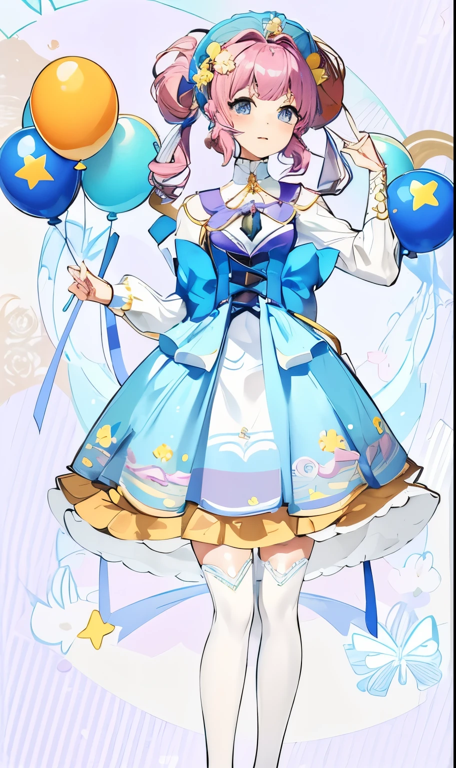 Close-up of a girl in a dress holding balloons, my dress up darling anime, celebration costume, !!full body portrait!!, clear outfit design, soda theme girl, magic dress, Outfits with blue accents, Sayori, Cute anime waifu wearing beautiful clothes, wearing clothes, magical girl style, Moon themed clothing