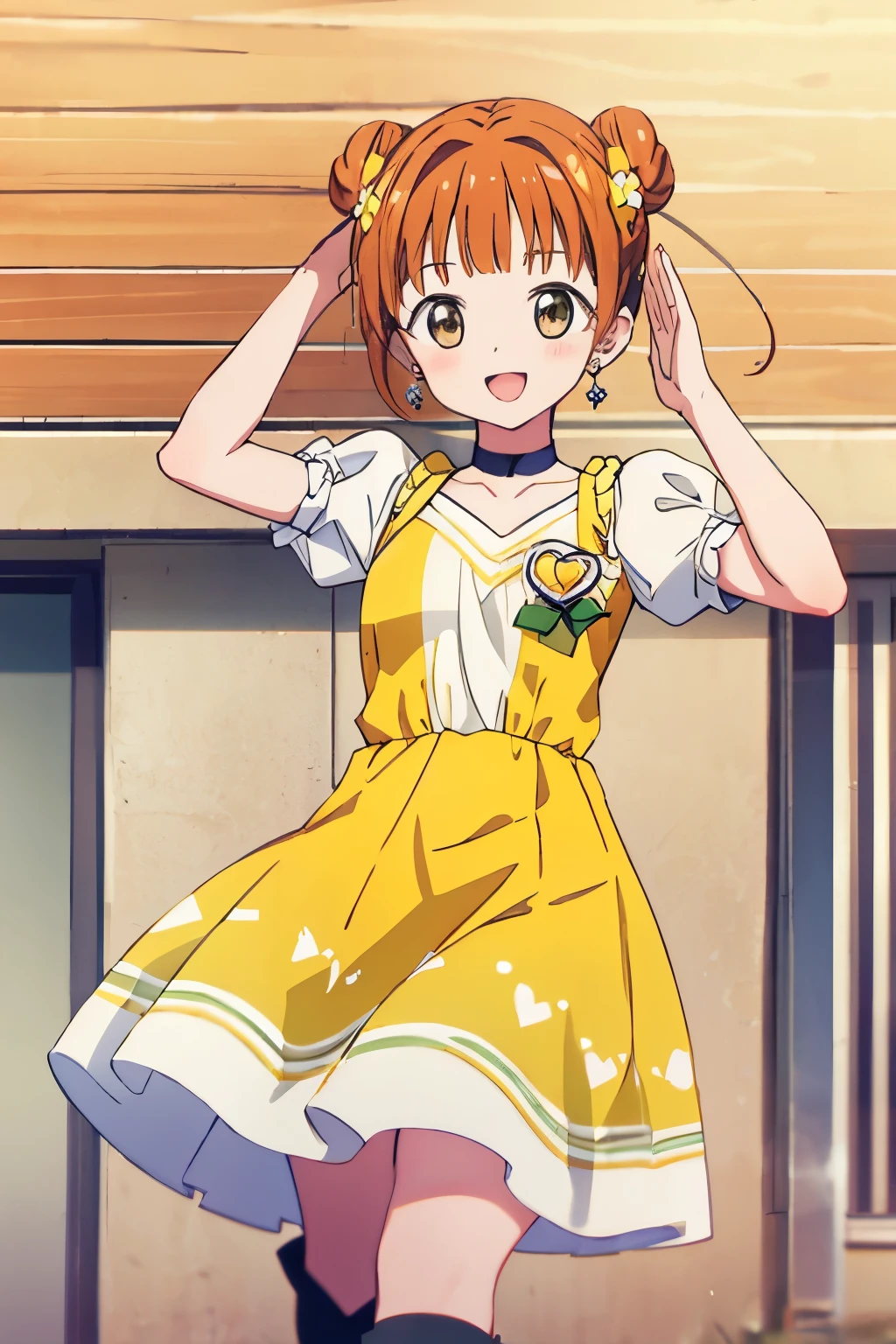 asterpiece, best quality, highres, ultra-detailed, AyumiTogeguchiR4, brown eyes, orange hair, long hair, twintails, double bun, hair ornament, hair flower, earrings, green choker, small breast, magical girl, heart brooch, dress, (yellow dress:1.2), yellow shorts, puffy short sleeves, white dress, wrist cuffs, waist bow, skirt, boots, knee boots, outdoors, standing, :d, salute,