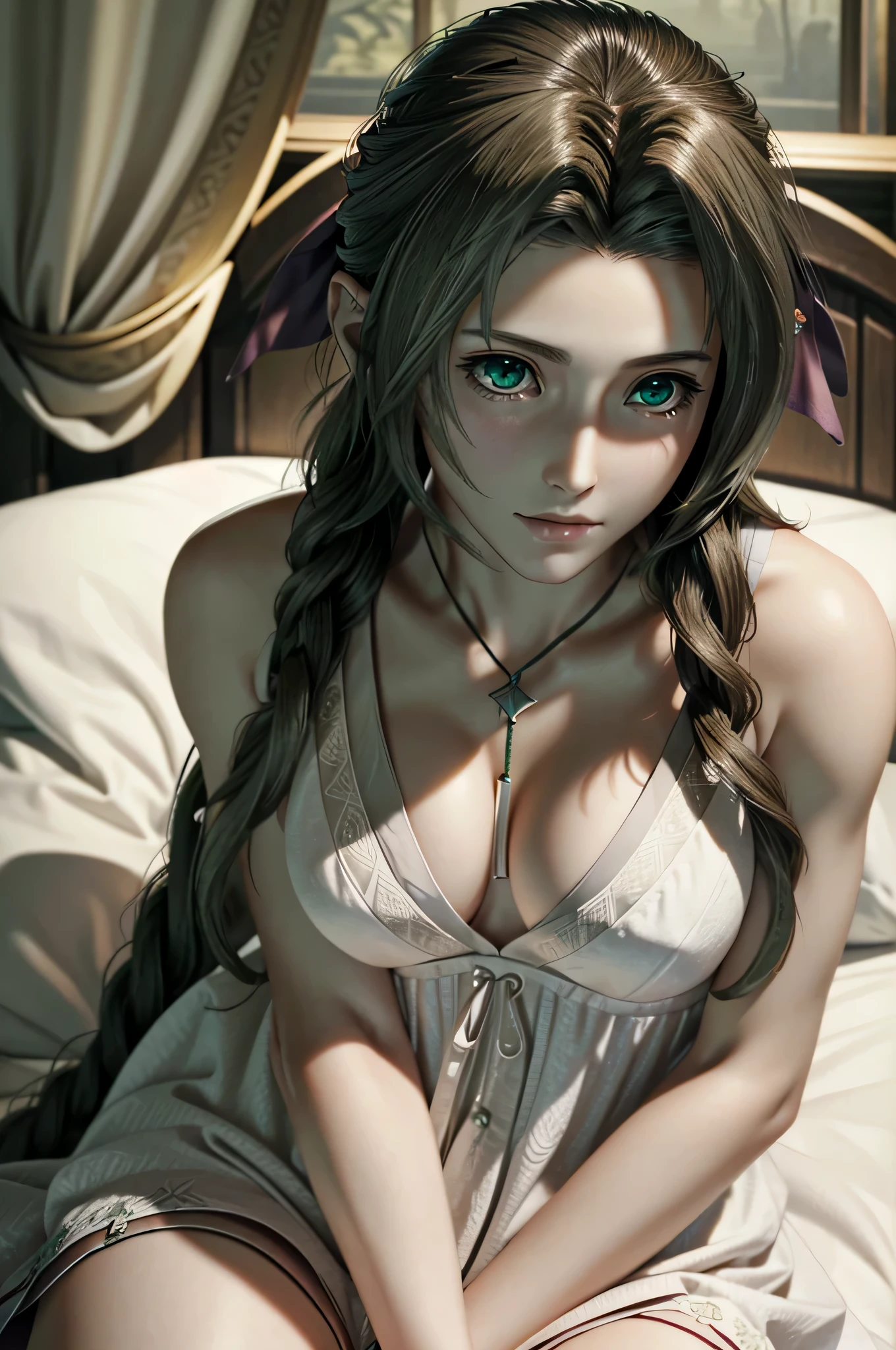 ((ultra detailed, masterpiece, best quality)) FF7Aerith, 1girl, solo, single braid, green eyes, brown hair, on bed