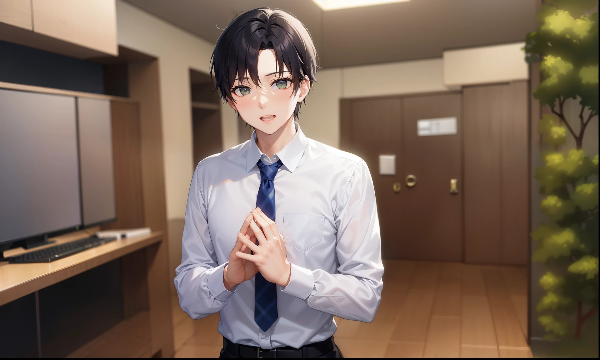 The background is an office、wall、floor