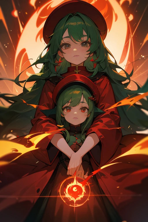 red hat、red long leather coat、long hair、Deep green hair、26 years old、fantasy、eyes are long、long eyelashes、highest quality、masterpiece、fire wizard、flame magic circle、Eye balance、Correctly contour the eyes、eyeshadow is red