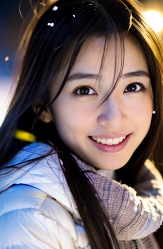 highest quality, soft light, ultra high resolution, (realistic:1.4), full_body,RAW photo, 1 Japanese girl, alone, cute, (pupil, There&#39;s a light in my eyes), detailed beautiful face,(High resolution details of human skin texture), (long hair), outdoor,(portrait),winter,big smile,Japanese Yukata,snow,night sky,hot spring