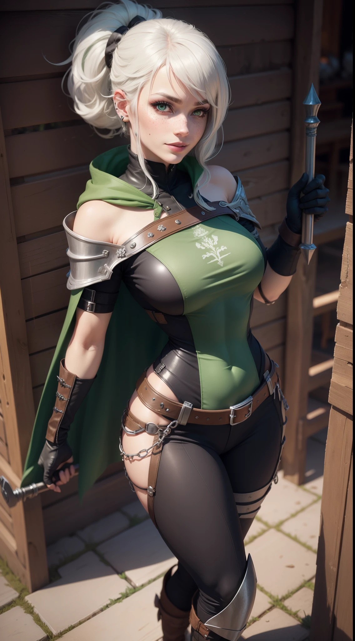 gwen tennyson,yorha 2b,tracer,y'shtola rhul,lord of the rings,warcraft,close up,rohan,minas tirith,tattoos,steel and dark green plugsuit,steel rohan raider armor top,dark green rohan raider cape,full chainmail armor,chainmail skirt,short hair,punk makeup,green eyes,multicolored silver hair,steel gloves,sexy smile,freckles,beautiful girl,knee high steel boots,large breasts,8k,ultra detailed,realistic,fantasy art,rohan uniform,hair pin,ear piercings,(weather:windy),1girl,wooden spear,horse stable,green rohan flag,
