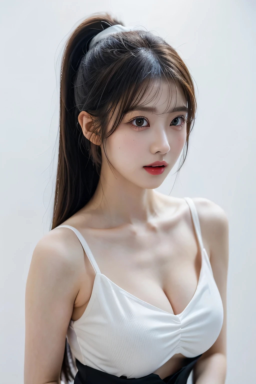 A slender woman, red glossy lips, (Extremely detailed beautiful face), (The sexiest look), (Black suit:1.2), (best quality), (Super detailed), (Extremely detailed CG unified 8k wallpaper),original photo, Professional photography, (standing), (pure white background:1.5),(Model pose:1.2),(Long black ponytail hair:1.2),Photo above the thigh,Show forehead,,(Expose cleavage),The top is tight,((STUDIO LIGHT:1.5)),(big eyes),(breast),high nose,(Front fill light 1.5)