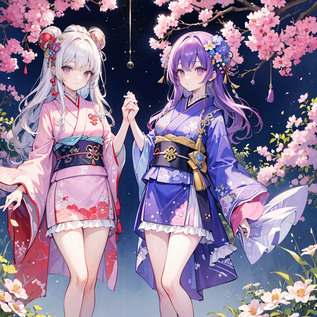 Masterpiece, top quality, high resolution. Two dressed twin girls pose hand-in-hand in front of a Japanese patterned background of colorful flowers. Their pale purple hair is adorned with hair ornaments. Their closed mouths add an enigmatic charm. The constellation of Gemini shines in the sky, and Japanese motifs can be seen everywhere, with the intricate twelve constellations embedded in the kimono adding a fantastic beauty.