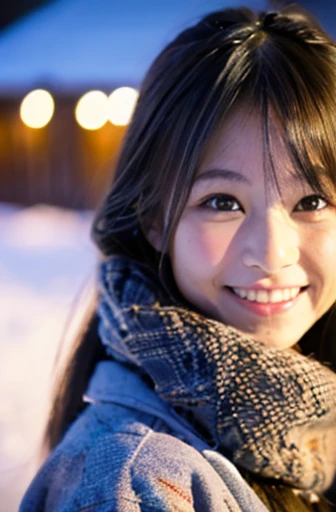 highest quality, soft light, ultra high resolution, (realistic:1.4), full_body,RAW photo, 1 Japanese girl, alone, cute, (pupil, 目に光がlodgeる), detailed beautiful face,(High resolution details of human skin texture), (long hair),(portrait),winter,big smile,Japanese Yukata,snow,night sky,lodge