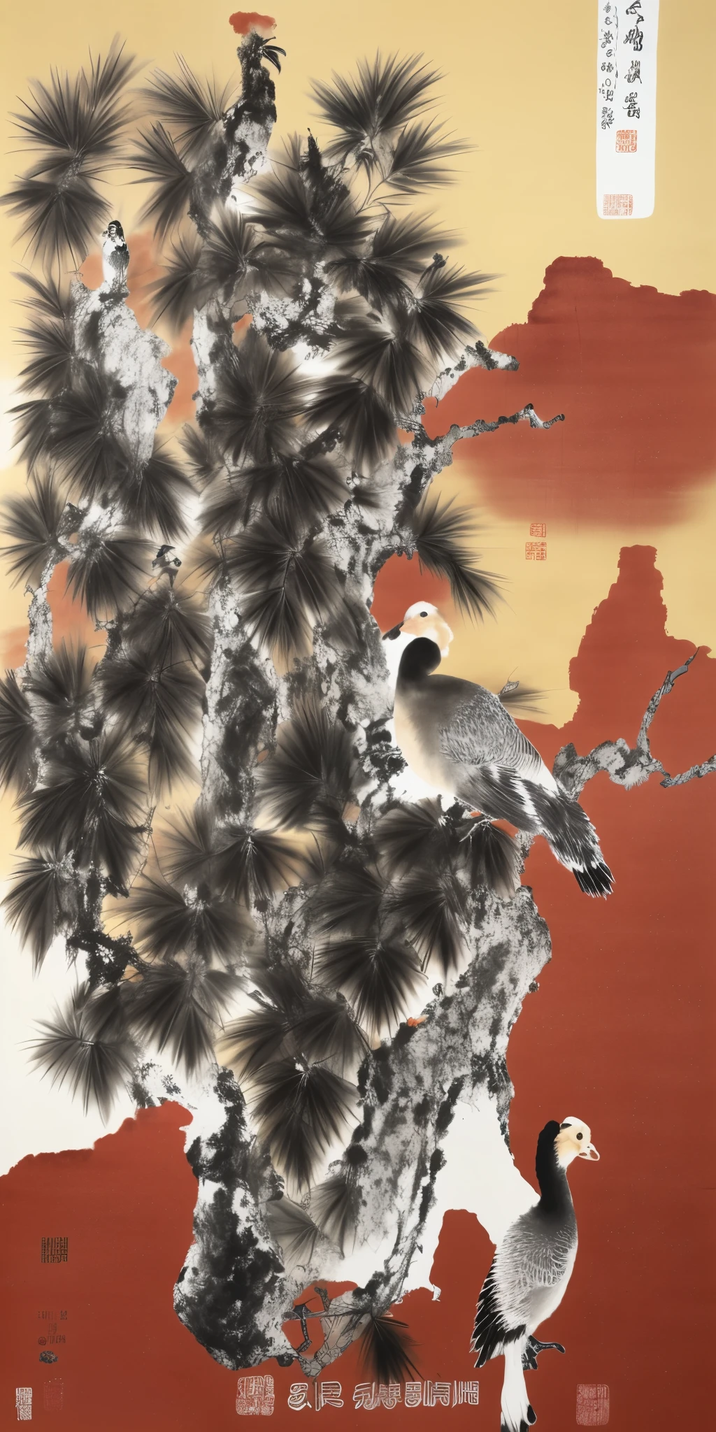 Chinese painting，impressionistic，Bird，Ink，palm，gooses，inspired by Wu Changshuo,  author：Cui Bai,  author：Yunguo Dongyan, inspired by Zhou Jichang, author：Pan Tianshou，author：Lin Liang，Ming Dynasty