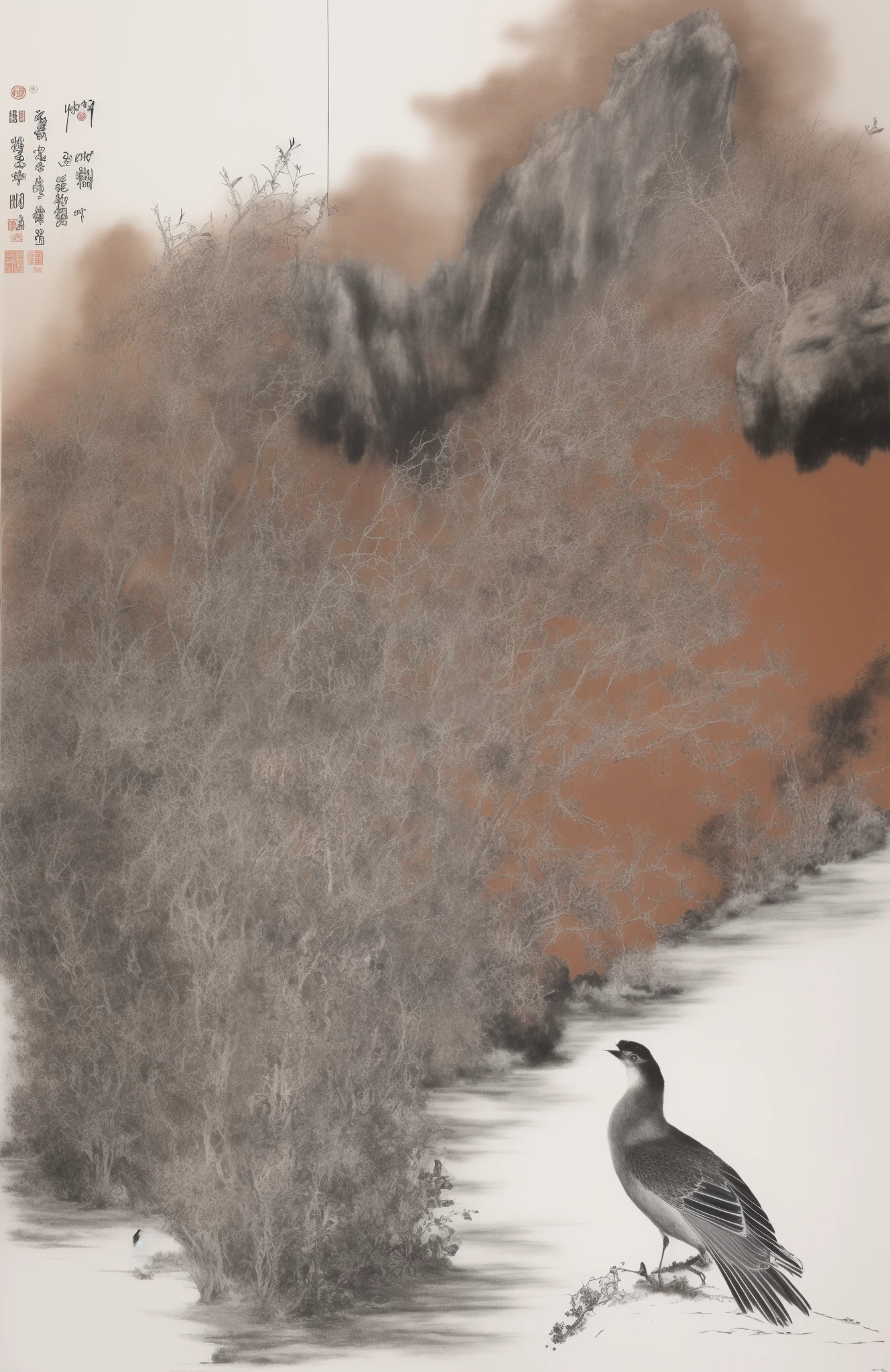 有一只turkey站在banana附近的地上,ink painting,Chinese painting,impressionistic,Bird,Rocks,Ink,banana,turkey,inspired by Wu Changshuo, author:Cui Bai, author:Pan Tianshou,author:Lin Liang,Ming Dynasty