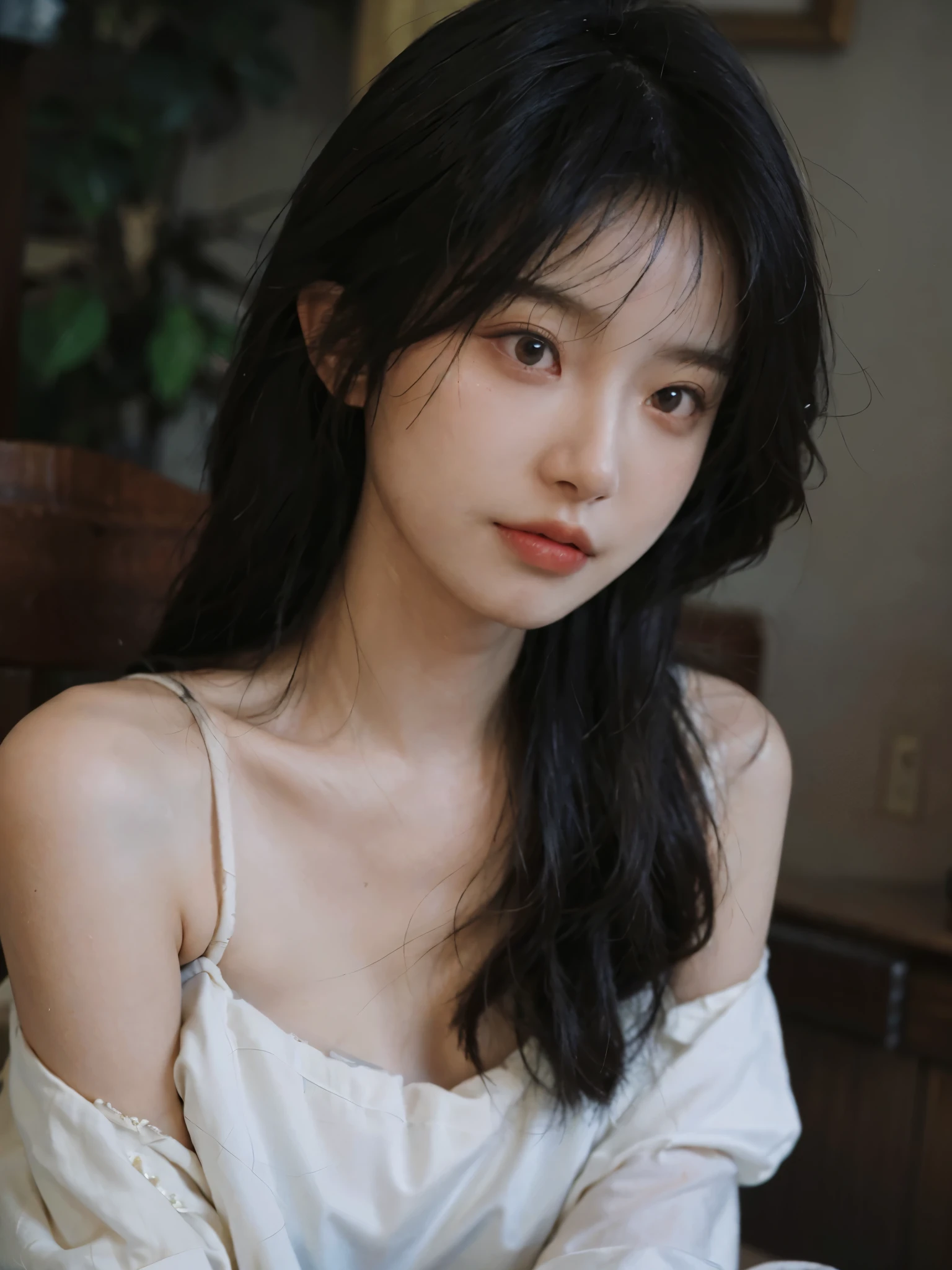 Film portrait photography, 1 girl, bare shoulders, Shoulder length wavy hair, serene, calm, (Realistic and detailed eyes, natural skin texture, Realistic facial details), Soft dramatic lighting, depth of field, Bokeh, Vibrant details, Detailed and detailed, surreal, 35mm film, hazy, ,