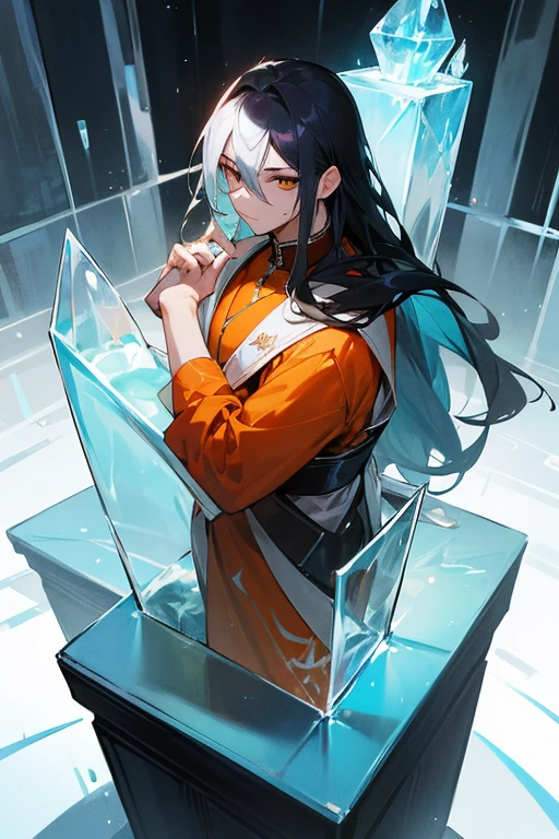 finest、highest quality、male(slim、Three white eyes)、prison clothes、long hair(orange)、ice resistant、Ice sculpture