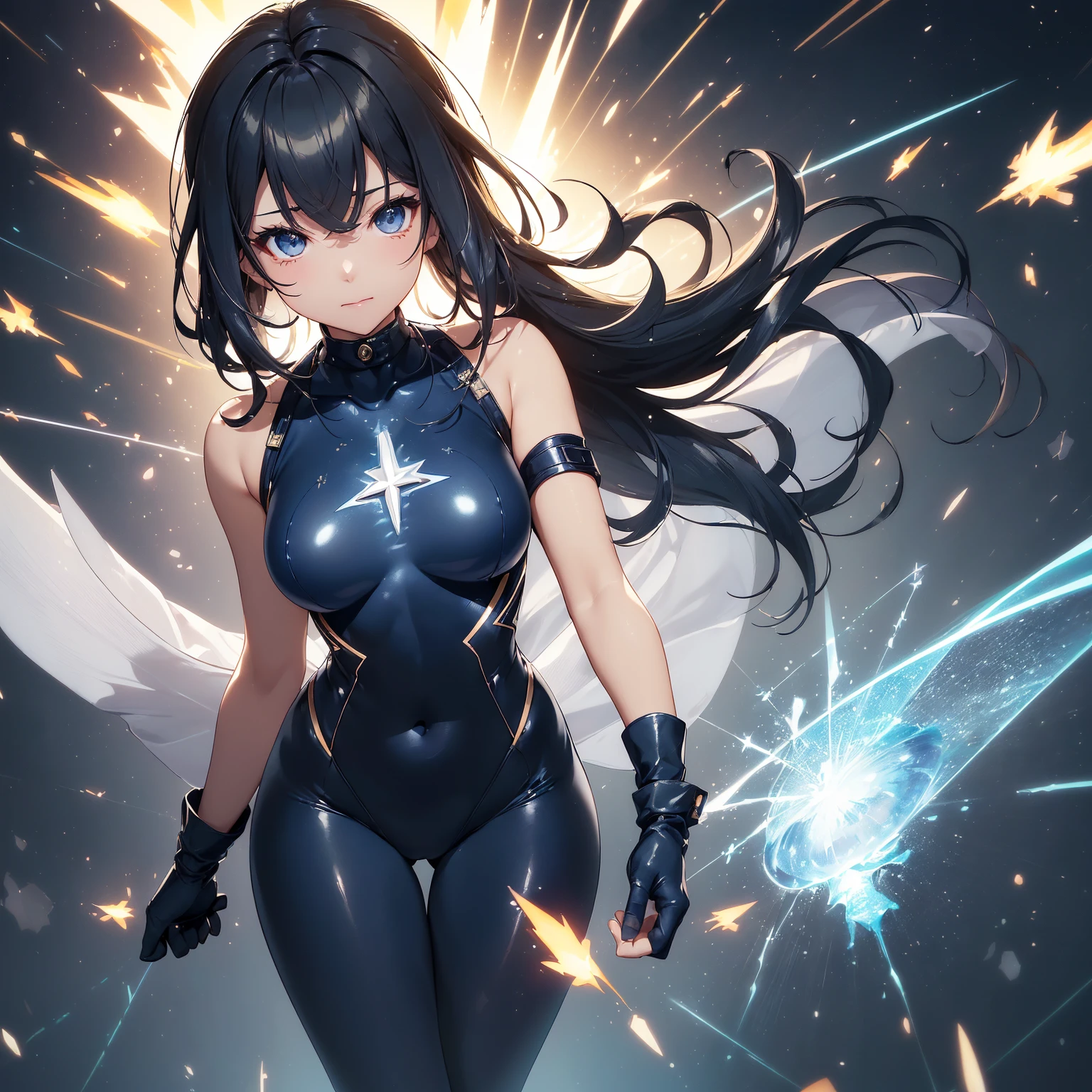 masterpiece), best quality, highly detailed, detailed background, cinematic lighting, outdoor, 1girl, medium hair, medium breasts, leotard, bare legs, gloves, light particles. glow, magician, tuxedo, sparkling