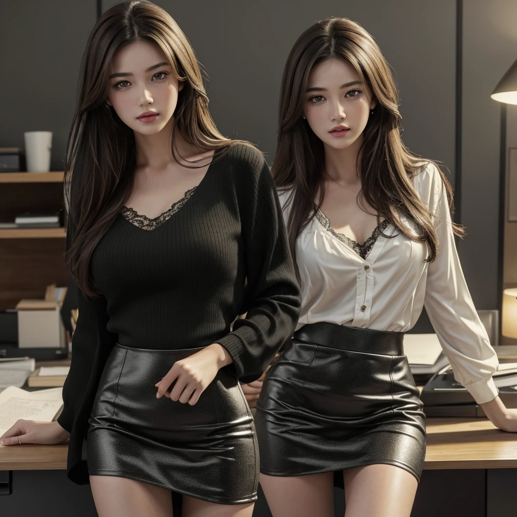 ((Top Quality、16K、​masterpiece:1.3))、a tall and beautiful woman、Perfect Figure:1.4、retro futuristic aesthetic, Gemma Arterton (charming) solo, pale-brown hair (short hairstyle), realistic hair, realistic eyes, pale-white skin (highlighted, realistic shading)、huge bust、Highly detailed facial and skin texture、(A detailed eye, Symmetry Eyes, Clear realistic eyes, Double eyelidd、Cold-stricken face、Symmetrical face), very  realistic skin, goth makeup, Royal sisters full of fans、The Telegraph Esbian、peach buttocks, white women's shirt, alternative skirt, black tights,  squart、(Raw foto:1.2)、((Photorealcitic:1.4))Top Quality、​masterpiece、Real Photography、very delicate and beautiful.、super detailed CG、Unity、8K photo wallpaper、delicate detail、best qualtiy、Highly detailed CG unity 16k wallpaper、absurderes、Incredibly Absurd、huge file size、extremely highly detailed、Hight Resolution、ighly Details、Beautiful detail girl、extremely beautiful eyes and face, cute eyes look、Facial light、cinematic lightings、(Proportional hips, thick thighs, beautiful legs, realistic pantyhose) 1girll、see -through, inside a futuristic bedroom, neon soft lights in the dark room environment (soft magenta, cyan and pale-yellow ambient lights) , dream atmosphere、ulzzang-6500、The Telegraph Esbian, different poses at different angles,