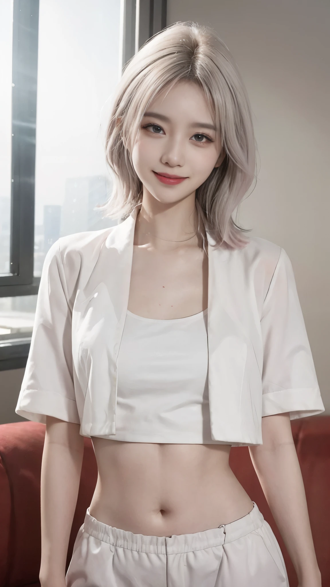 Best image quality、RAW Photos、超A high resolution、21 years old Korean、Small breasts、Dynamic Angle、Cowboy Shot、Chaos in its most beautiful form、elegant、Brutalist Design、Vibrant colors、Beautiful white hair、Short Bob、smile、fun、smile、Glowing White Skin、Beautiful eyes with random colors、Very thin lips、Beautiful eyes in every detail、length, Narrow eyes、Cheeks are pale pink、length eyelashes、Beautiful double eyelids、eye shadow、Bright white hair、Crop top、See-through outerwear、Vibrant colors、Long skirt、bed、Shooting from the side、Sitting on a colorful sofa、Pointing up、Hand gestures