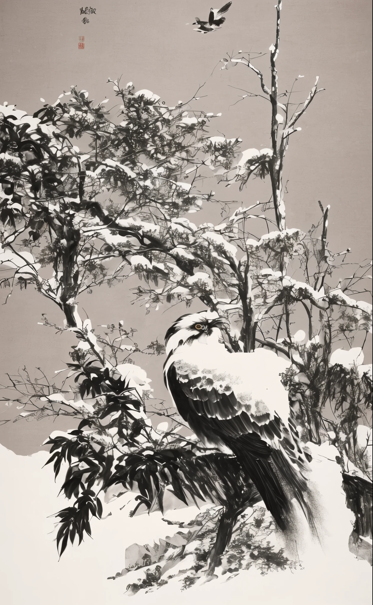 ink painting,Chinese painting，impressionistic，Bird，Rocks，Ink，pines，banana，osprey， author：Li Kuchan，author：Lin Liang，author：Zhu Da，author：Xu wei，author：Chen Chun