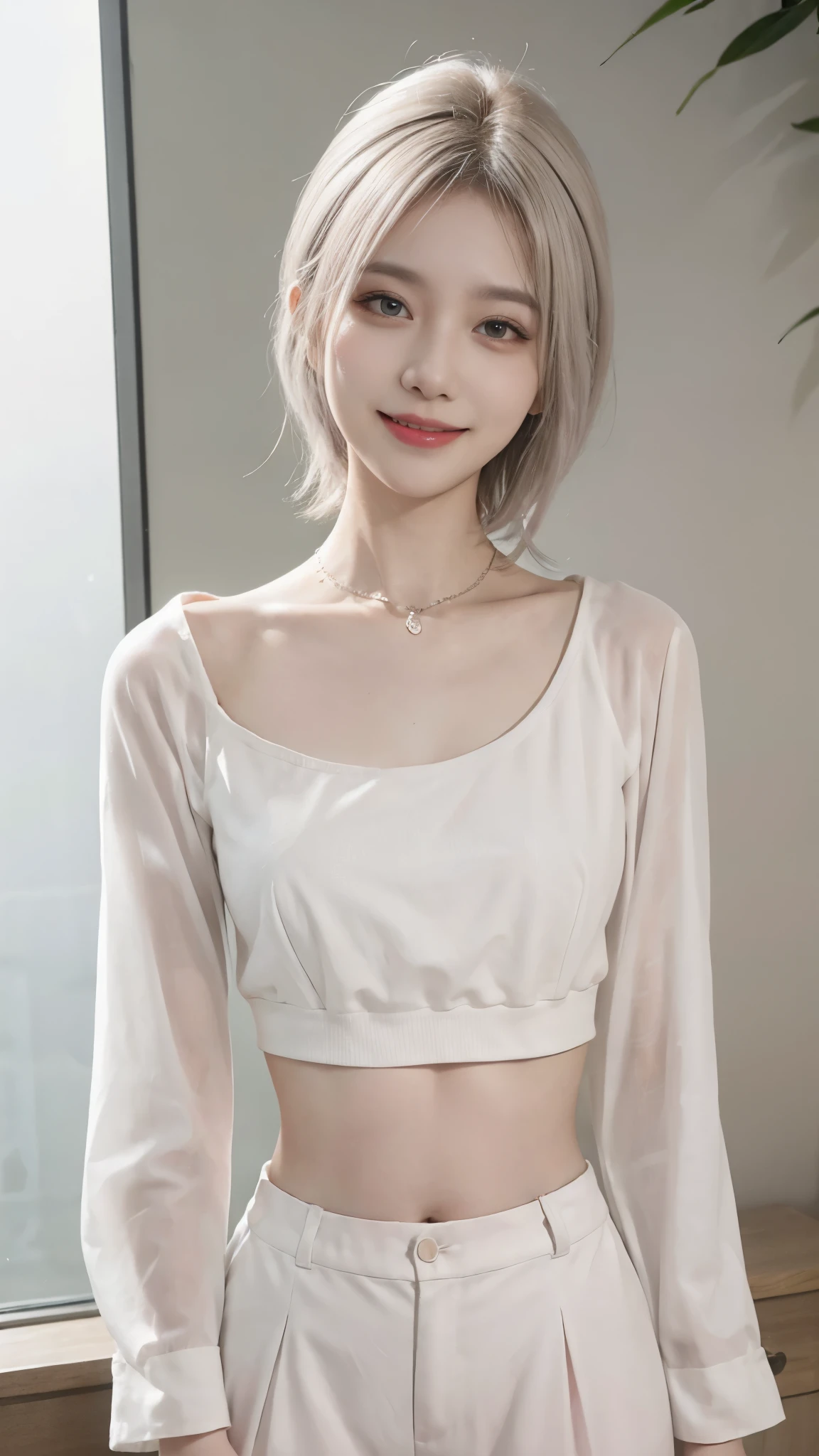 Best image quality、original photo、ultra high resolution、18 years old Korean、dynamic angle、cowboy shooting、The most beautiful chaotic form、elegant、brutalist design、bright colors、short bob、Smile、Fair and translucent skin、beautiful eyes,random colors、ultra thin lips、每个细节都beautiful eyes、long eyes、light pink cheeks、long eyelashes、beautiful double eyelids、eye shadow、Bright white hair、Open Cafe、crop top、Transparent coat、Harlem pants、bold gesture、background blur、dynamic angle、laughter、Holding out your hand、point finger up、full-body shot