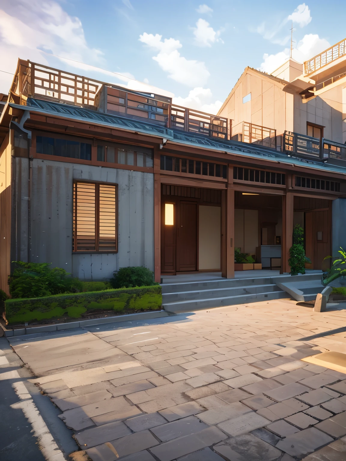 morden villa, concrete, wood, cloudy sky, trees plant, bright light, luxury, high quality, realistic photo, 3d render