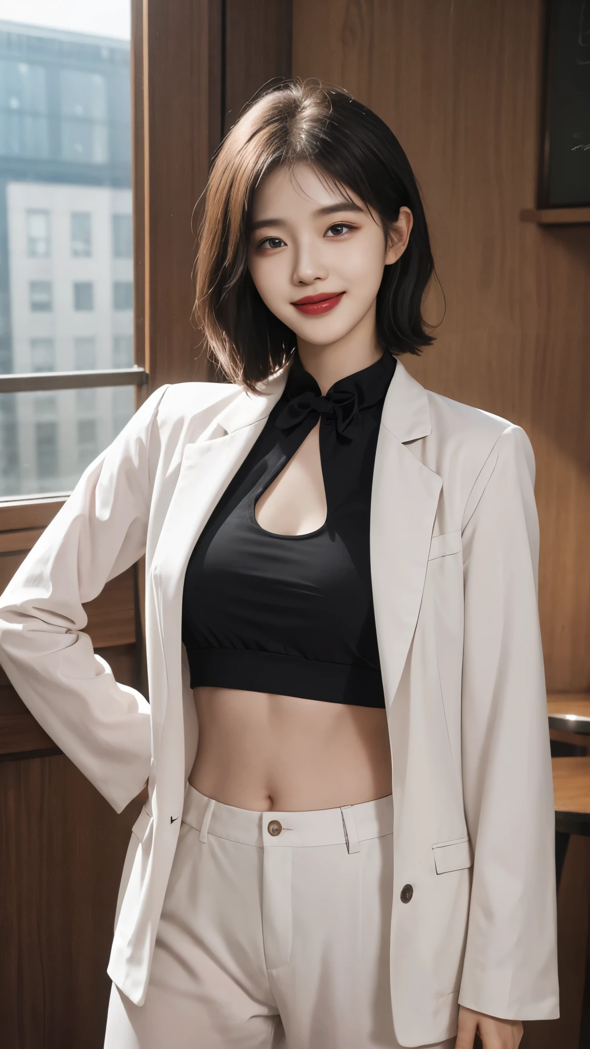 Best image quality、original photo、ultra high resolution、18 years old Korean、dynamic angle、cowboy shooting、The most beautiful chaotic form、elegant、brutalist design、bright colors、short bob、Smile、Fair and translucent skin、beautiful eyes，random colors、ultra thin lips、每个细节都beautiful eyes、long eyes、light pink cheeks、long eyelashes、beautiful double eyelids、eye shadow、Bright white hair、Open Cafe、crop top、Transparent coat、Harlem pants、bold gesture、background blur、dynamic angle、laughter、Holding out your hand、point finger up、full-body shot