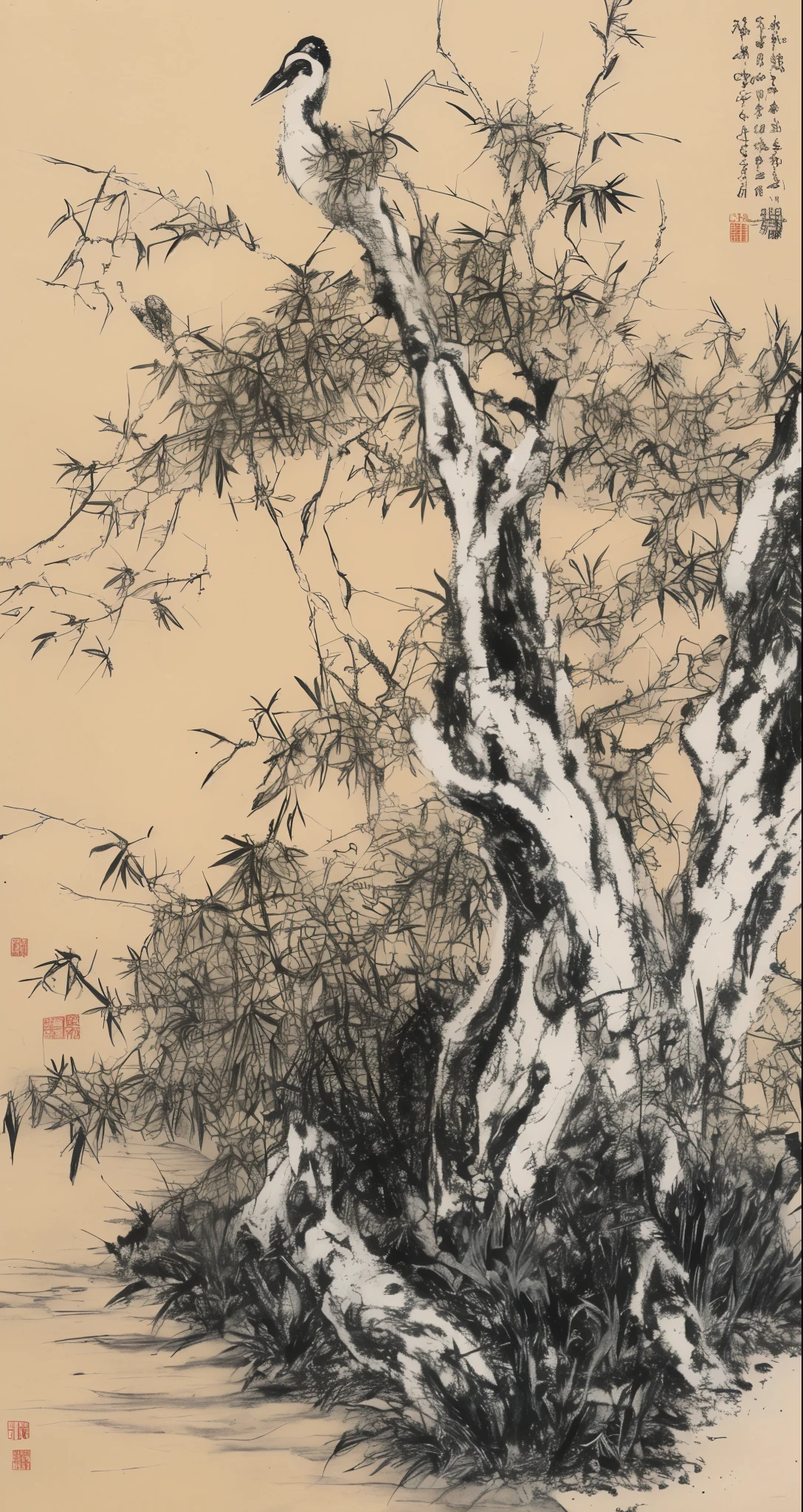 
ink painting,Chinese painting，impressionistic，Bird，Rocks，Ink，plum，Ink bamboo，Deadwood，wild geese， author：Li Kuchan，author：Lin Liang，author：Zhu Da，author：Xu wei