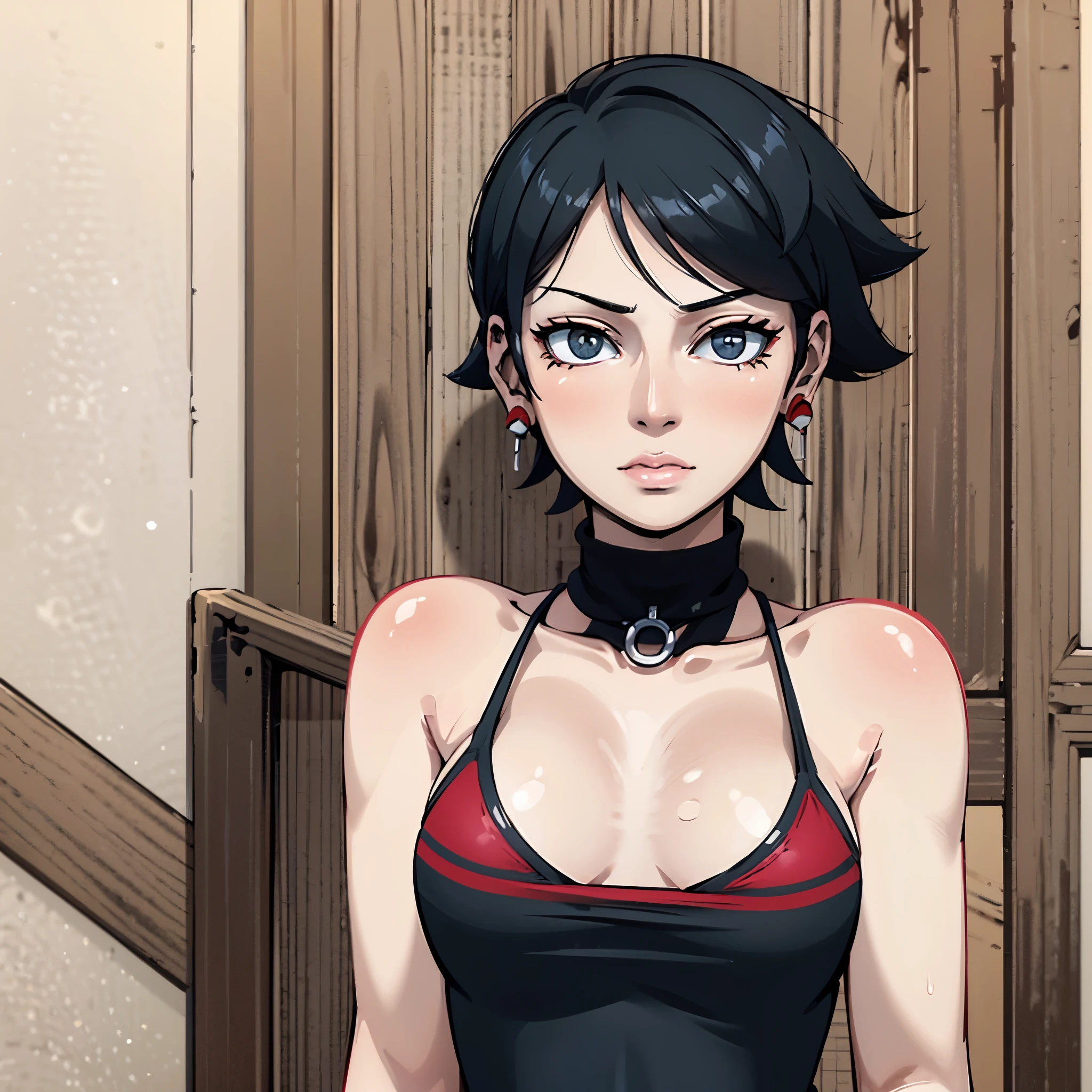 Sarada uchiha usando bikini cor dos olhos pretos e uma qualidade fa textura alta detalhes surpreende