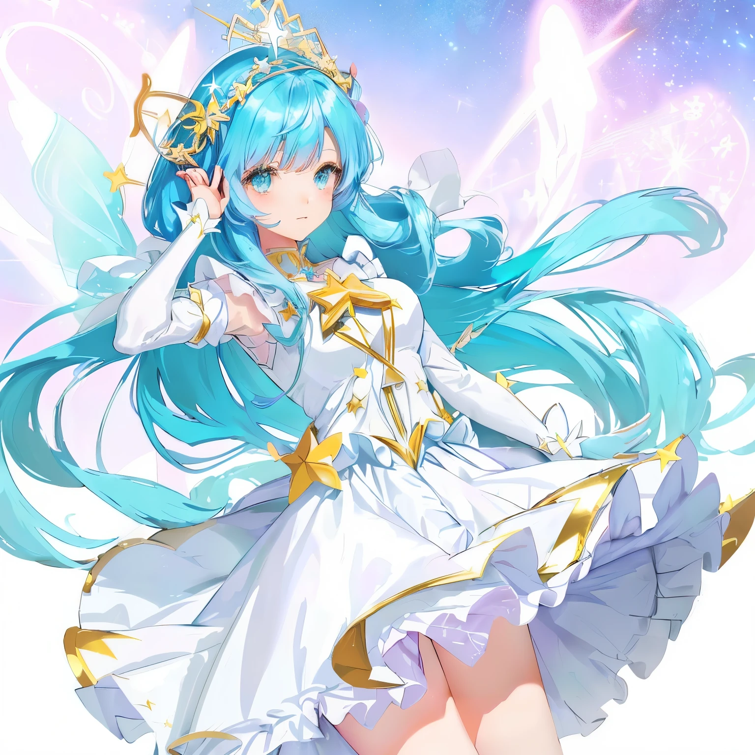 Anime girl in skirt with stars on her head, my dress up darling anime, Astral Fairy, magical girl style, Cute anime waifu wearing beautiful clothes, Astral Witch Clothes, clear outfit design, Cyan hair anime girl, magic dress, Cosmic hair anime girl, sparkling magical girl, fantasy dress, anime princess, Dress up in dreamy formal attire