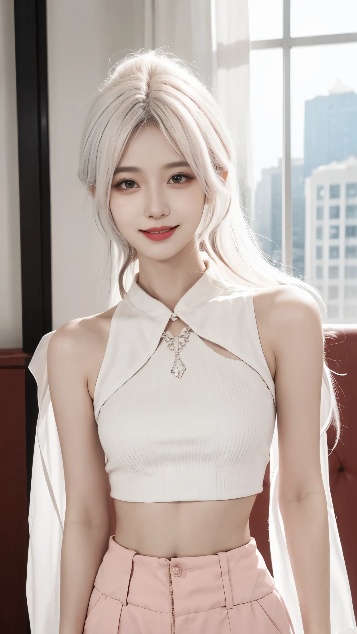 Best image quality、original photo、ultra high resolution、18 years old Korean、dynamic angle、cowboy shooting、The most beautiful chaotic form、elegant、brutalist design、bright colors、short bob、Smile、Fair and translucent skin、beautiful eyes,random colors、ultra thin lips、每个细节都beautiful eyes、long eyes、light pink cheeks、long eyelashes、beautiful double eyelids、eye shadow、Bright white hair、Open Cafe、crop top、Transparent coat、Harlem pants、bold gesture、background blur、dynamic angle、laughter、Holding out your hand、point finger up、full-body shot