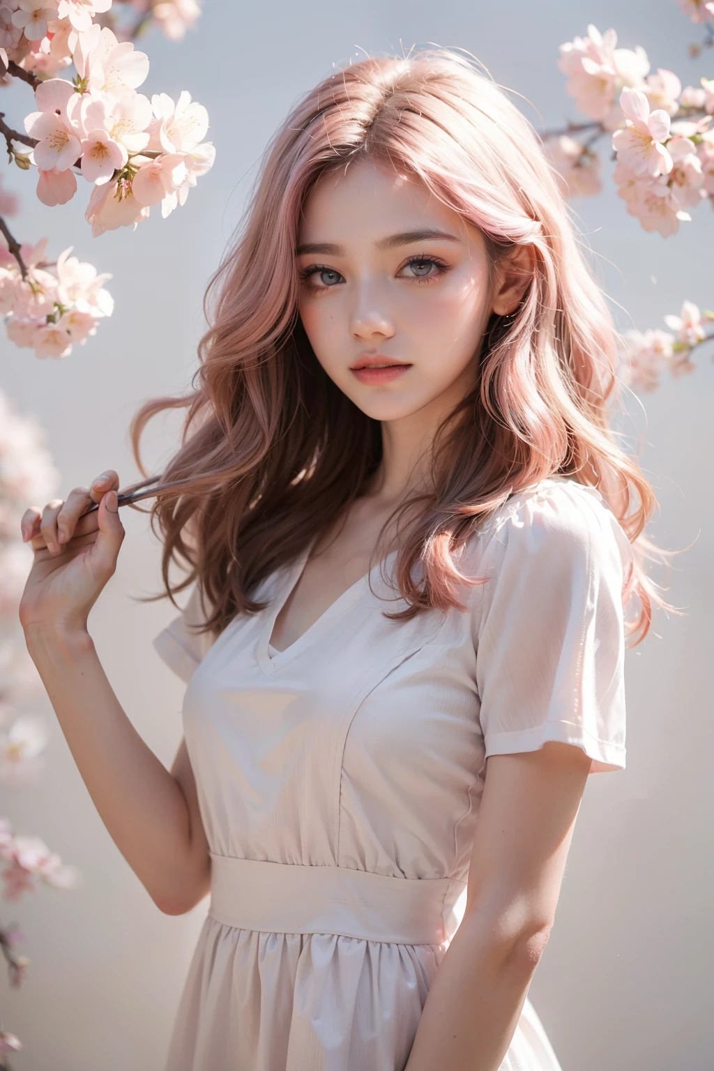 light pink hair, pink eyes, pink and white, cherry blossom leaves, Bright colors, white dress, paint splashes, simple background, ray tracing, wavy hair