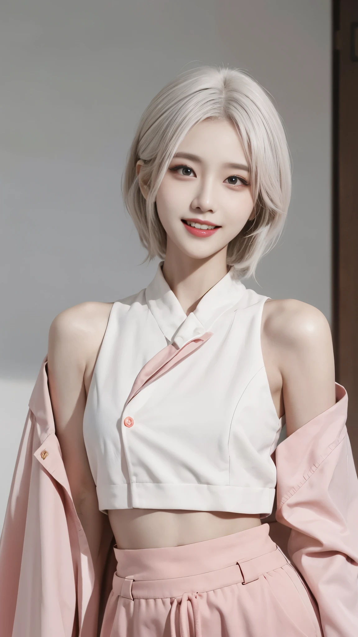 Best image quality、original photo、ultra high resolution、18 years old Korean、dynamic angle、cowboy shooting、The most beautiful chaotic form、elegant、brutalist design、bright colors、short bob、Smile、Fair and translucent skin、beautiful eyes,random colors、ultra thin lips、每个细节都beautiful eyes、long eyes、light pink cheeks、long eyelashes、beautiful double eyelids、eye shadow、Bright white hair、Open Cafe、crop top、Transparent coat、Harlem pants、bold gesture、background blur、dynamic angle、laughter、Holding out your hand、point finger up、full-body shot