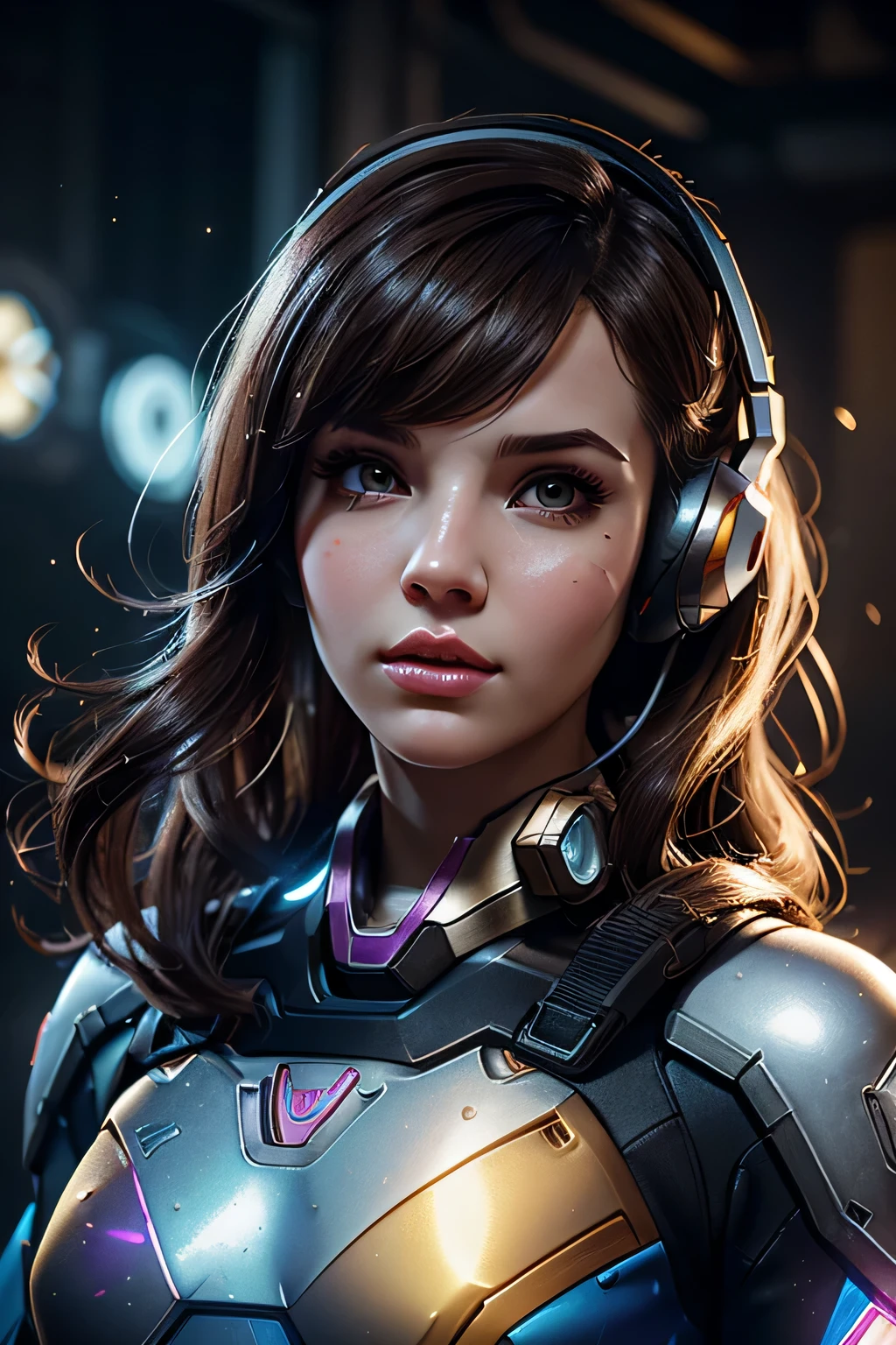 1girl, D.va , overwatch, outside of mech, particles, reflective, glistening skin, studio, super detailed, HD, visible pores, perfect hair, very detailed hair, perfect, very beautiful, a hyperrealistic, masterpiece, highlty detailed, cinimatic lighting, ray tracing, cinematic composition. award winning photo, high contrast, light sparkles
