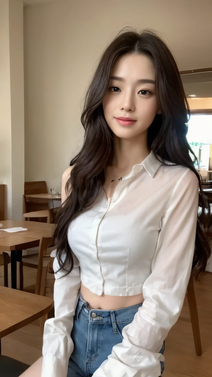 ((top-quality、8k、masterpiece:1.3))、Beautiful woman with perfect body:1.4、slim abdomen:1.2、Longhair, normal breast, Highly detailed facial and skin texture, A detailed eye, delicate eyes, (smile), (full body shot), ((Restaurant)), (sitting on chair), (((wearing white long shirt with short pants))), looking in front