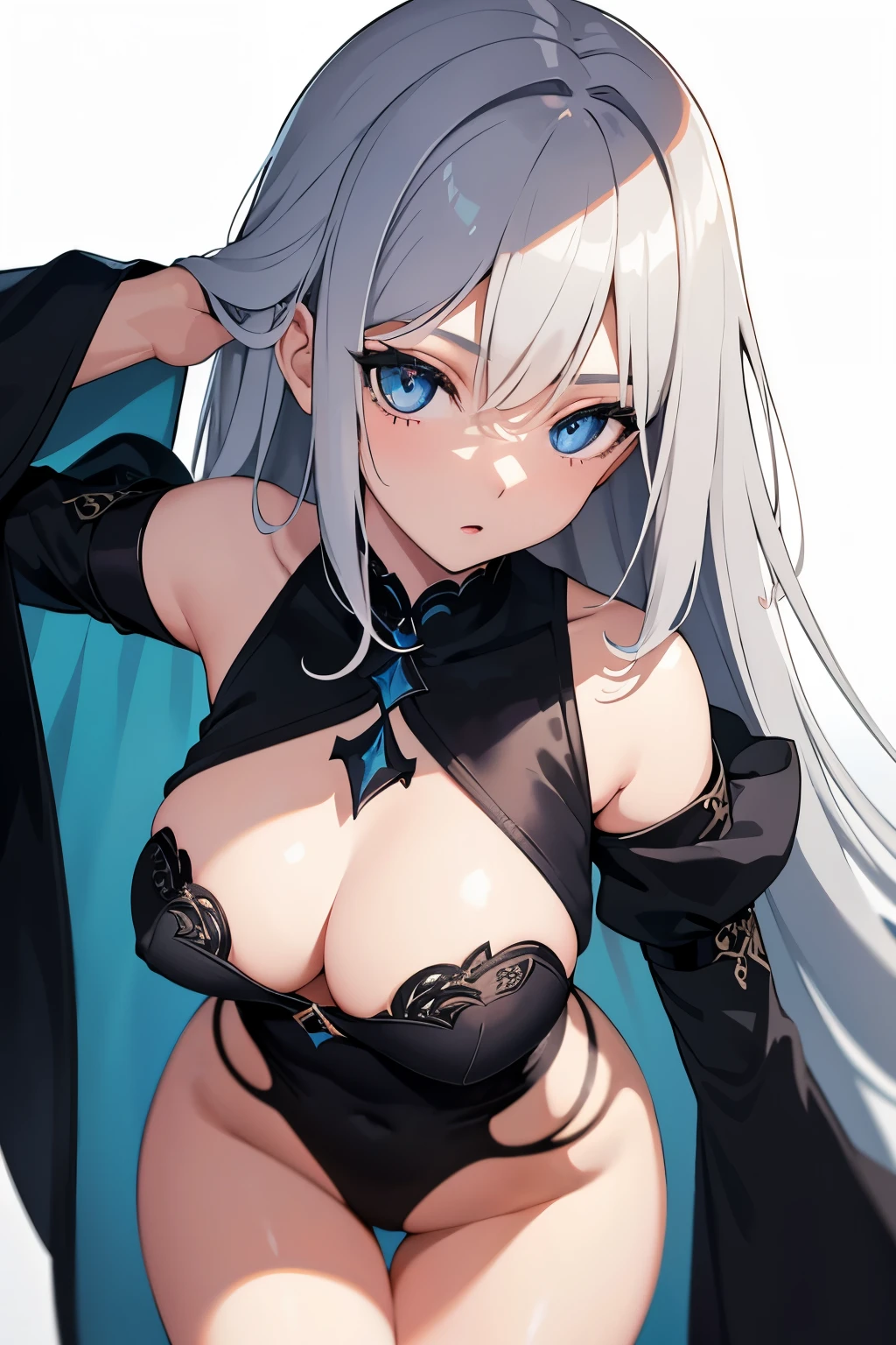 1girl, anime, cute girl, blank background, white background, fantasy, detailed dark fantasy dress with highlights, beautiful face, beautiful eyes, dark colors, silver hair, slightly small breasts, slight cleavage, beautiful skin, cute, breast curtains, extremely delicate and beautiful, (beautiful detailed face:1.0), (detailed deep eyes), symmetrical breasts, deep eyes, shiny skin, portrait, slender waist, hips wider than shoulders, thighs, young girl, expressionless, luminous eyes
