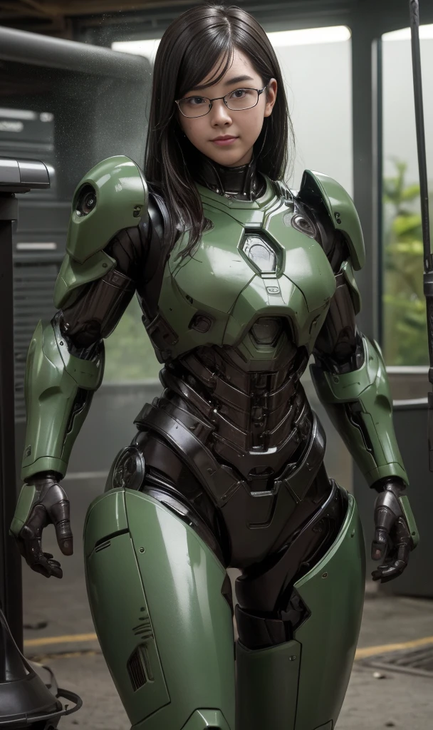 rough skin, Super detailed, advanced details, high quality, 最high quality, High resolution, 1080P, hard disk, beautiful,(War Machine),beautifulサイボーグの女性,Dark Green Mecha Cyborg Girl,In combat,Mecha body girl,、elementary school girl　　very short hair、sweaty brown eyes、sweaty face、An embarrassed smile on the face　　cute　black hair　((Steam comes out of my head)) Glasses　Gloss Armor　sew up hair　long hair　Armor heavily damaged throughout the body　smoke from the wound