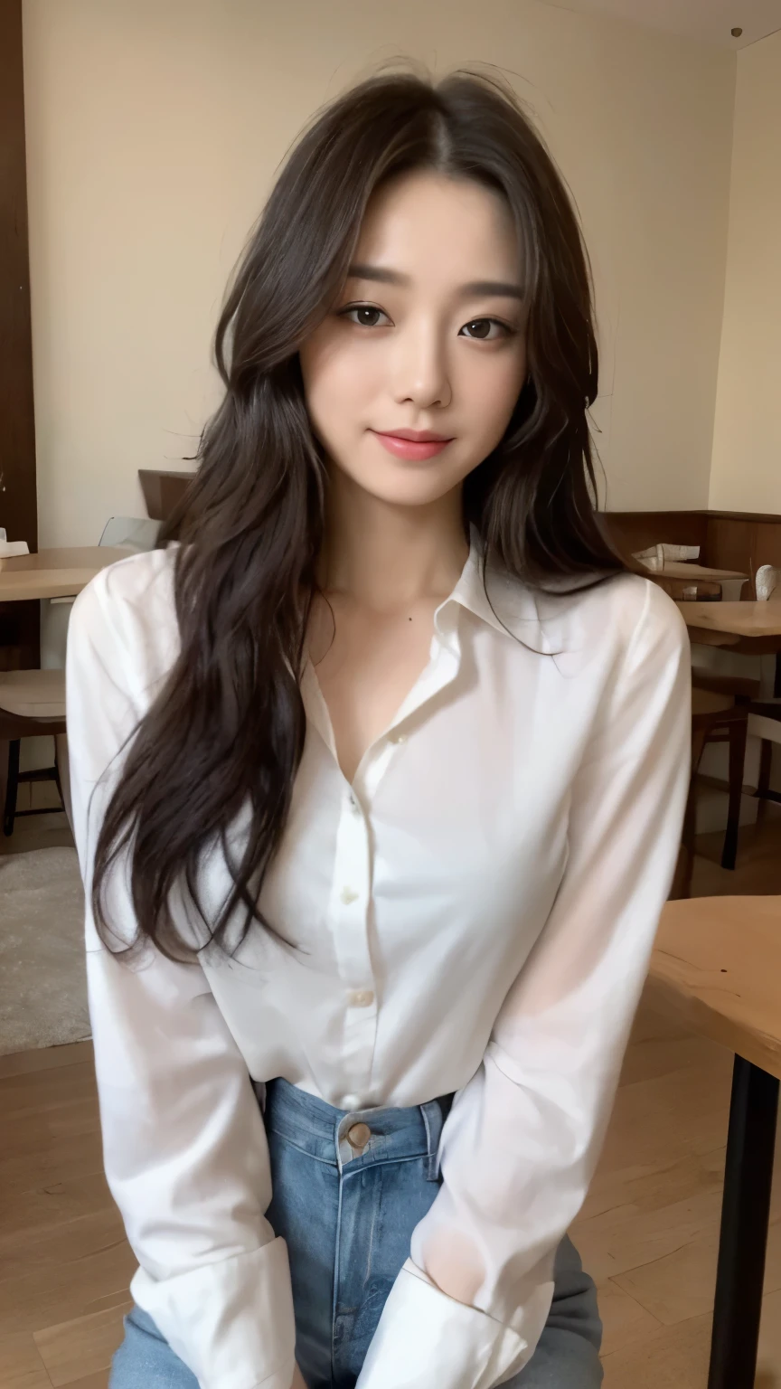 ((top-quality、8k、​masterpiece:1.3))、Beautiful woman with perfect body:1.4、slim abdomen:1.2、Longhair, normal breast, Highly detailed facial and skin texture, A detailed eye, delicate eyes, (smile), (full body shot), ((Restaurant)), (sitting on chair), (((wearing white long shirt with short pants))), looking in front
