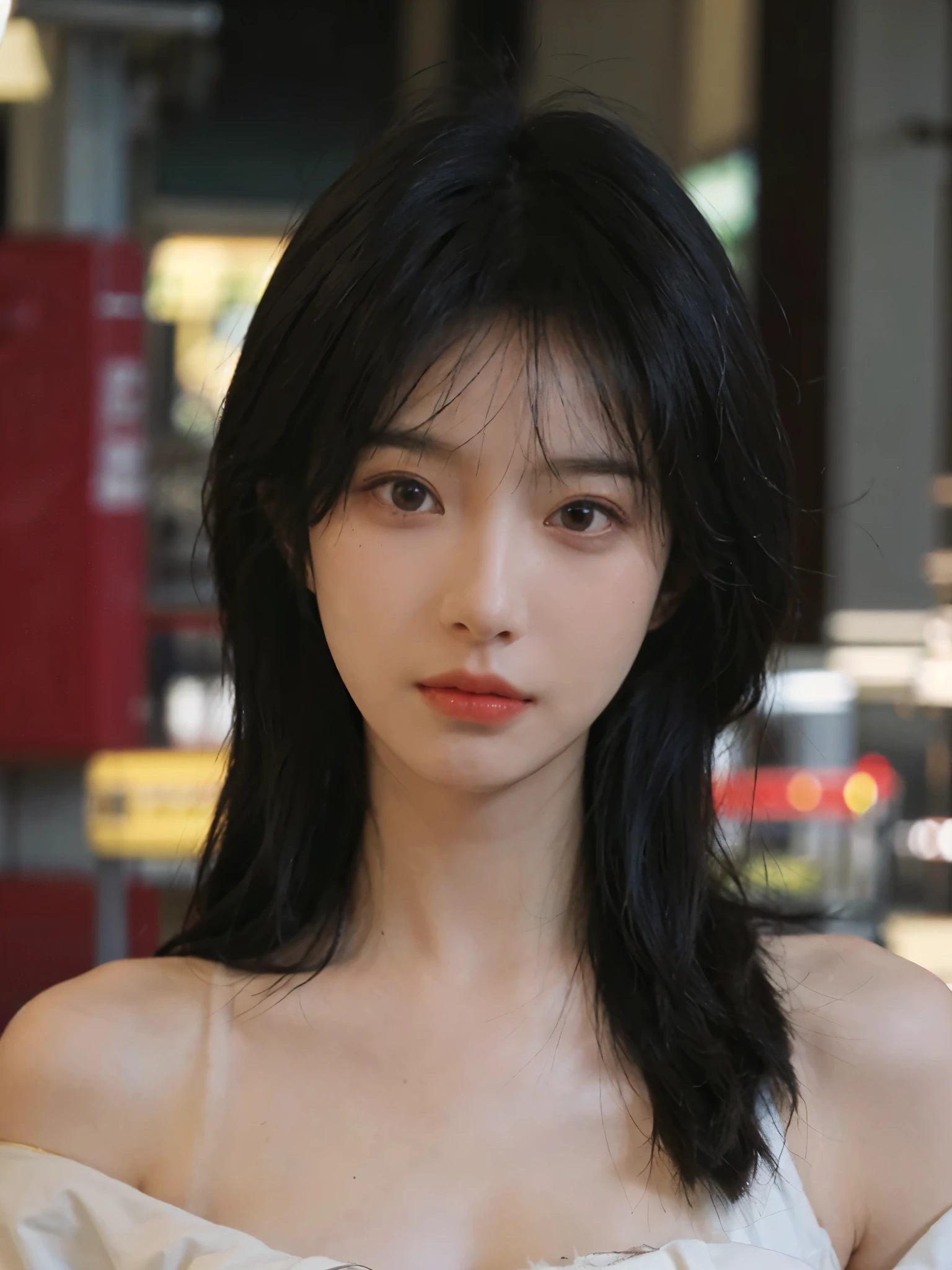 Film portrait photography, 1 girl, bare shoulders, Shoulder length wavy hair, serene, calm, (Realistic and detailed eyes, natural skin texture, Realistic facial details), Soft dramatic lighting, depth of field, Bokeh, Vibrant details, Detailed and detailed, surreal, 35mm film, hazy, ,