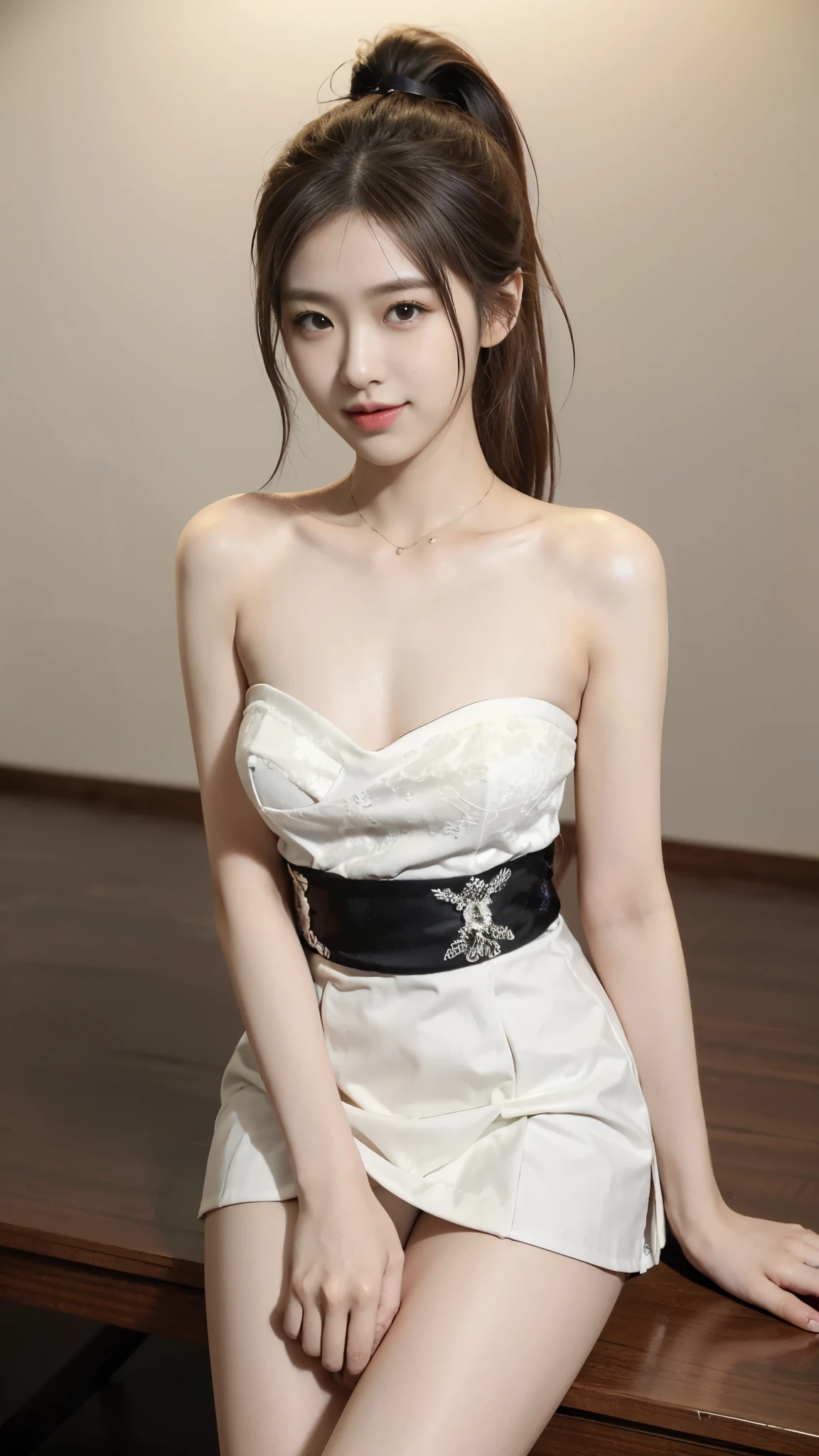 ((best quality:1.1)),((on the table:1.1)), ((ultra high resolution:1.1)), ((photographyrealism:1.4)), ((original photo)), ((8k)), (High detail RAW color photos professional photos),((cowboy shooting: 1.2)), ((charming, beautiful, よるのかいultra high resolution, HD CG unified 8K Denden wallpaper)), (1 Japanese woman),((Photos of Japanese -yeld wo)), ((Idol face:1.2)), (White lace strapless vest:1.2), White pleated skirt:1.5)),((very cute)), ((very beautiful)), ((ponytail)), ((dark brown hair)),Angelic smile, ((good anatomy: 1.2)