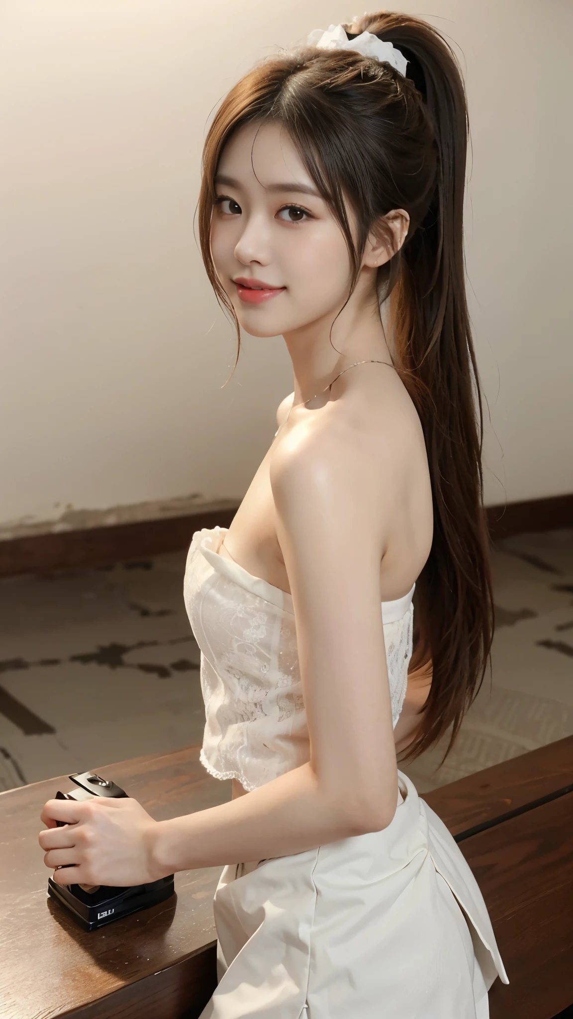 ((best quality:1.1)),((on the table:1.1)), ((ultra high resolution:1.1)), ((photographyrealism:1.4)), ((original photo)), ((8k)), (High detail RAW color photos professional photos),((cowboy shooting: 1.2)), ((charming, beautiful, よるのかいultra high resolution, HD CG unified 8K Denden wallpaper)), (1 Japanese woman),((Photos of Japanese -yeld wo)), ((Idol face:1.2)), (White lace strapless vest:1.2), White pleated skirt:1.5)),((very cute)), ((very beautiful)), ((ponytail)), ((dark brown hair)),Angelic smile, ((good anatomy: 1.2)