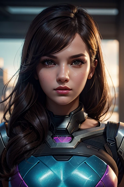 1girl, D.va , overwatch, outside of mech, reflective, glistening skin, studio, super detailed, HD, visible pores, perfect hair, very detailed hair, perfect, very beautiful, a hyperrealistic, masterpiece, highlty detailed, cinimatic lighting, ray tracing, cinematic composition. award winning photo, high contrast, light sparkles, clear face, beautiful dark brown eyes, eyes match