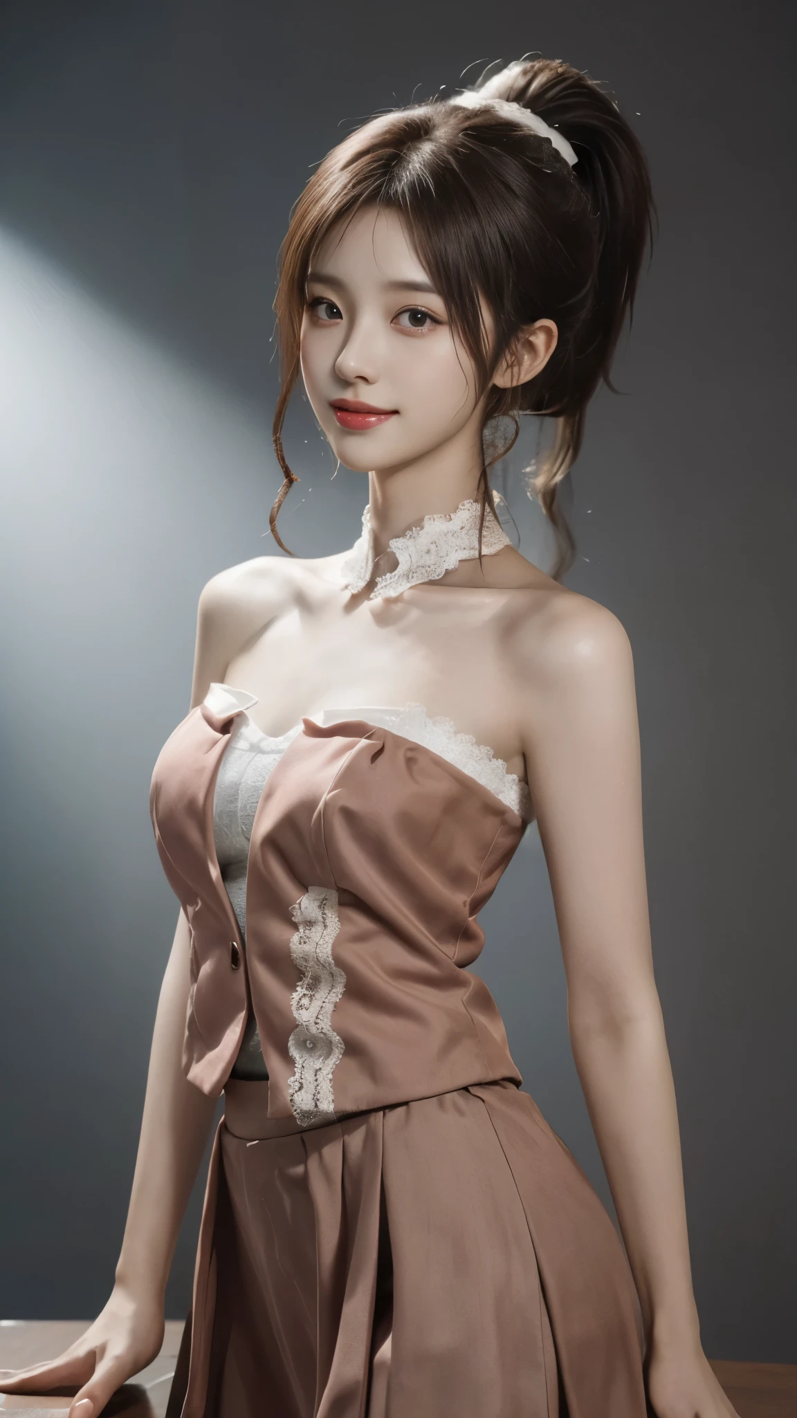 ((best quality:1.1)),((on the table:1.1)), ((ultra high resolution:1.1)), ((photographyrealism:1.4)), ((original photo)), ((8k)), (High detail RAW color photos professional photos),((cowboy shooting: 1.2)), ((charming, beautiful, よるのかいultra high resolution, HD CG unified 8K Denden wallpaper)), (1 Japanese woman),((Photos of Japanese -yeld wo)), ((Idol face:1.2)), (White lace strapless vest:1.2), White pleated skirt:1.5)),((very cute)), ((very beautiful)), ((ponytail)), ((dark brown hair)),Angelic smile, ((good anatomy: 1.2)