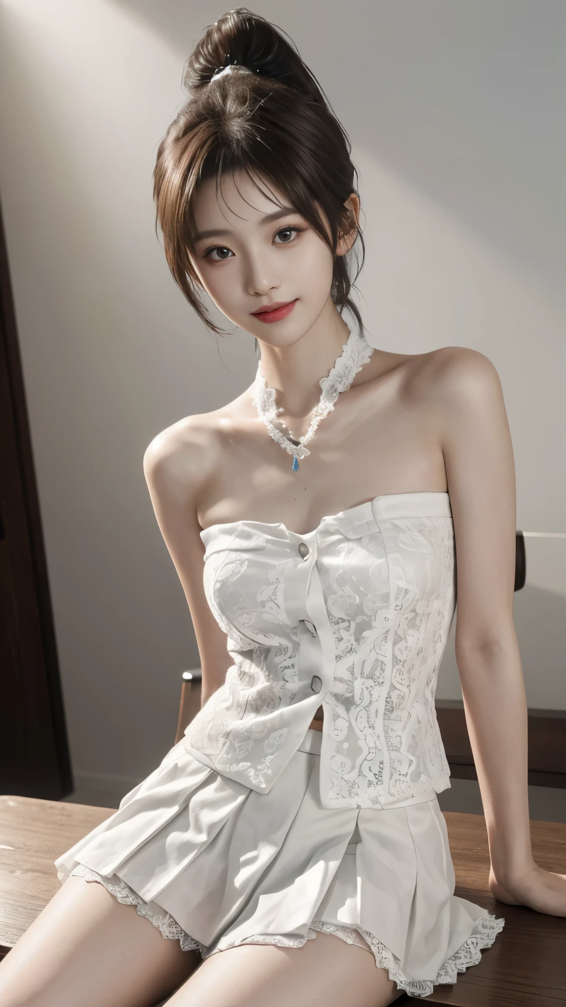 ((best quality:1.1)),((on the table:1.1)), ((ultra high resolution:1.1)), ((photographyrealism:1.4)), ((original photo)), ((8k)), (High detail RAW color photos professional photos),((cowboy shooting: 1.2)), ((charming, beautiful, よるのかいultra high resolution, HD CG unified 8K Denden wallpaper)), (1 Japanese woman),((Photos of Japanese -yeld wo)), ((Idol face:1.2)), (White lace strapless vest:1.2), White pleated skirt:1.5)),((very cute)), ((very beautiful)), ((ponytail)), ((dark brown hair)),Angelic smile, ((good anatomy: 1.2)