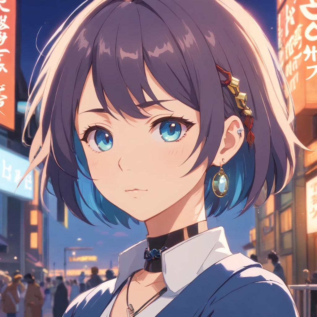 a girl wearing an anime collar, multiple ear piercings, nose ring, middle lip piercing, in the style of tranquil Victorian era, colorful animation stills, university, a fierce expression for a fierce woman, Frieren, otherwordly, gray to blue colors, cool tones, fangs, 