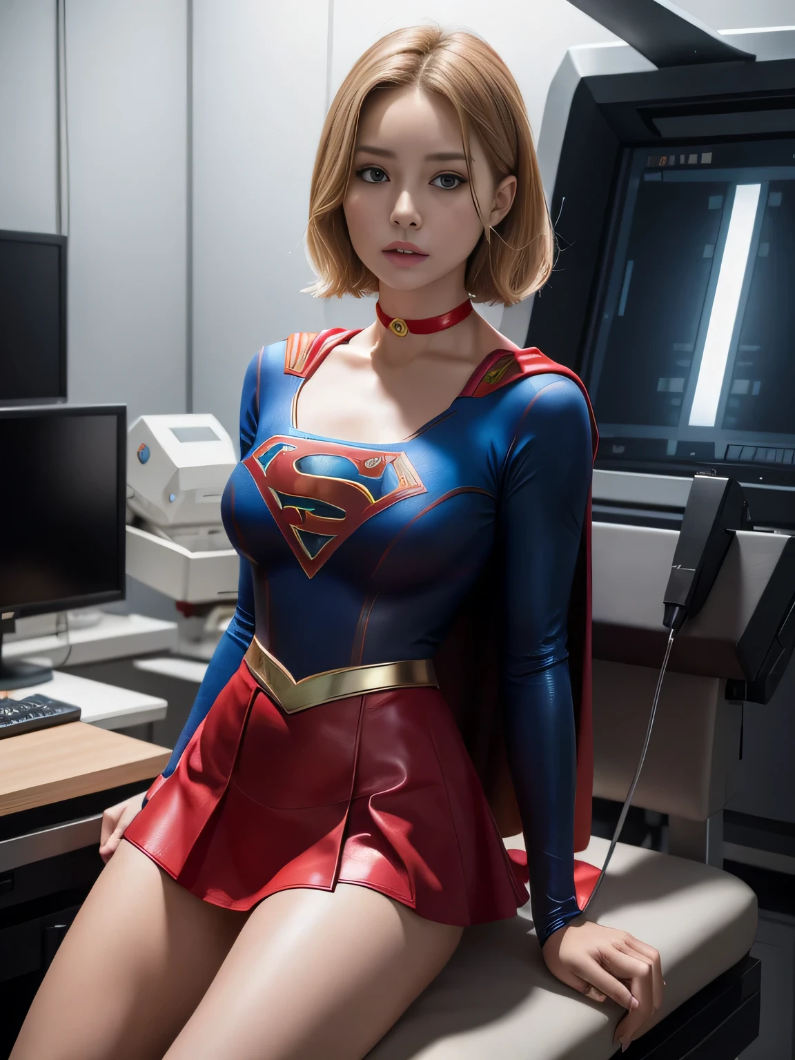 masterpiece,supergirl costume, short hair, barefoot, big and full breasts,operating room、operating table、straddle、damaged、shiny、look at the camera、choker、long sleeve、red mini skirt
