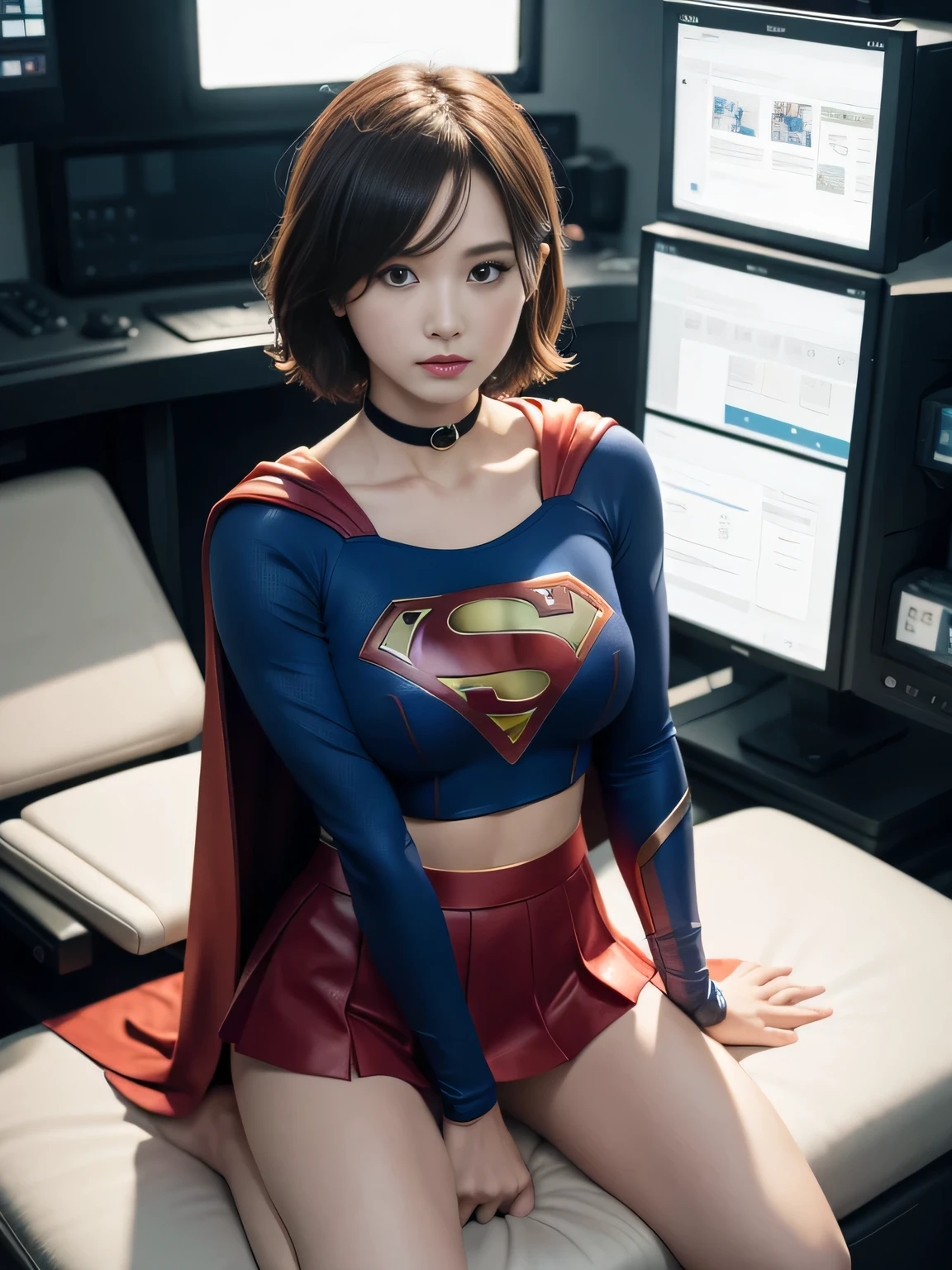 masterpiece,supergirl costume, short hair, barefoot, big and full breasts,operating room、operating table、straddle、damaged、shiny、look at the camera、choker、long sleeve、red mini skirt