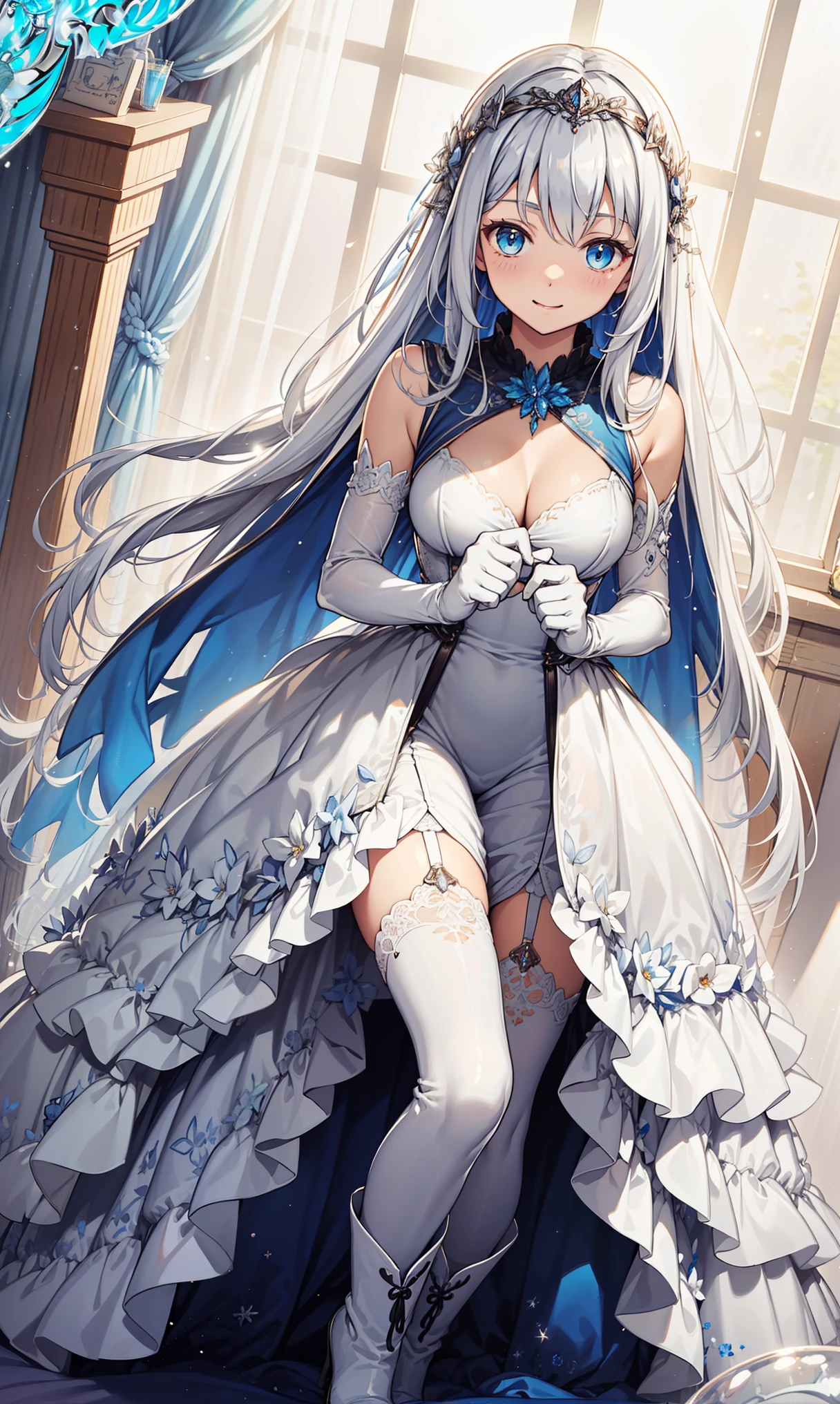 ,Moderate,having fun,Being in love,(Amazing transparent white dress),black gloves,silver hair,blue eyes,see through transparent clothes,Delicate hair accessories,Transparent lace,holy sky blue yellow and white pattern,night,Dress nicely,bedroom,night,Carved suspender boots,Super details,top quality,highest resolution